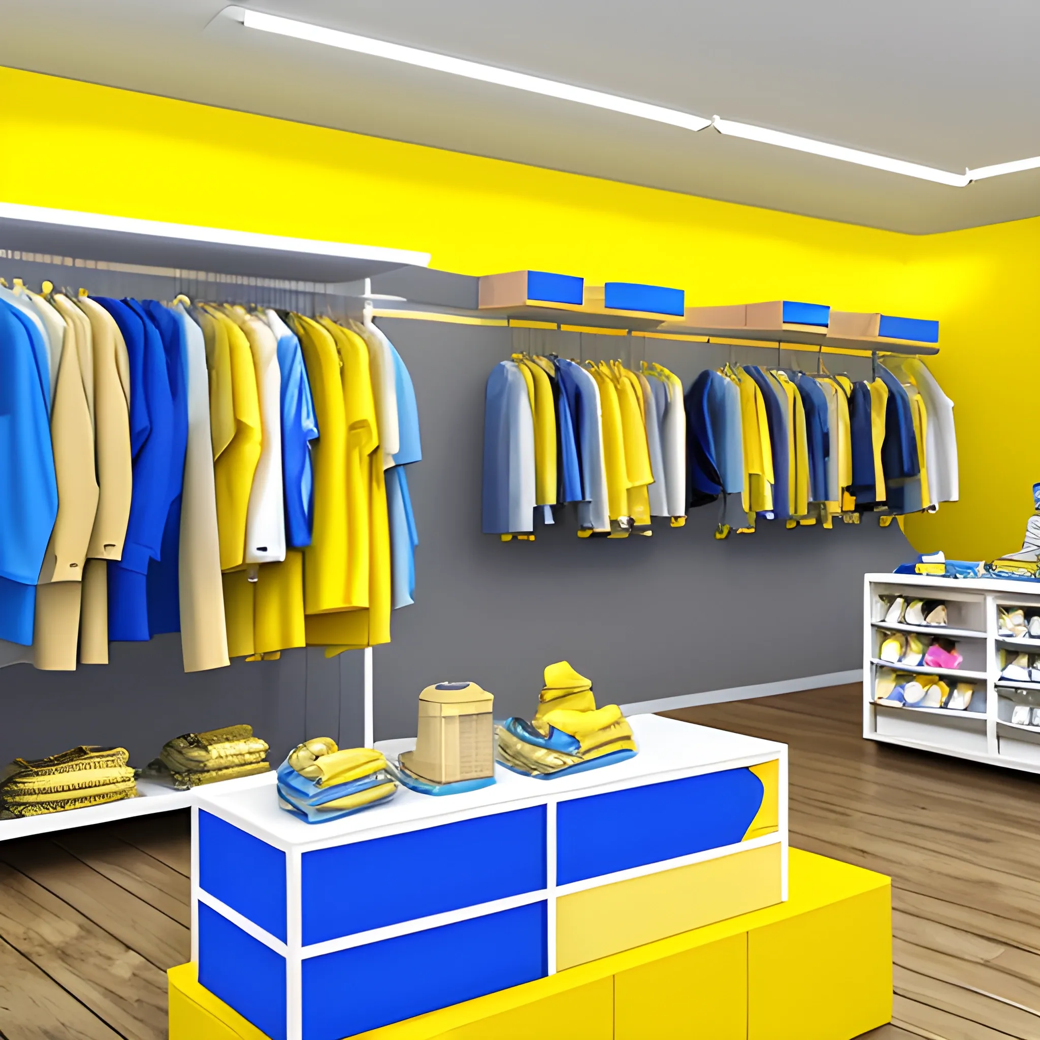 opening of a second-hand clothing store, in yellow and blue bright colors, 3D