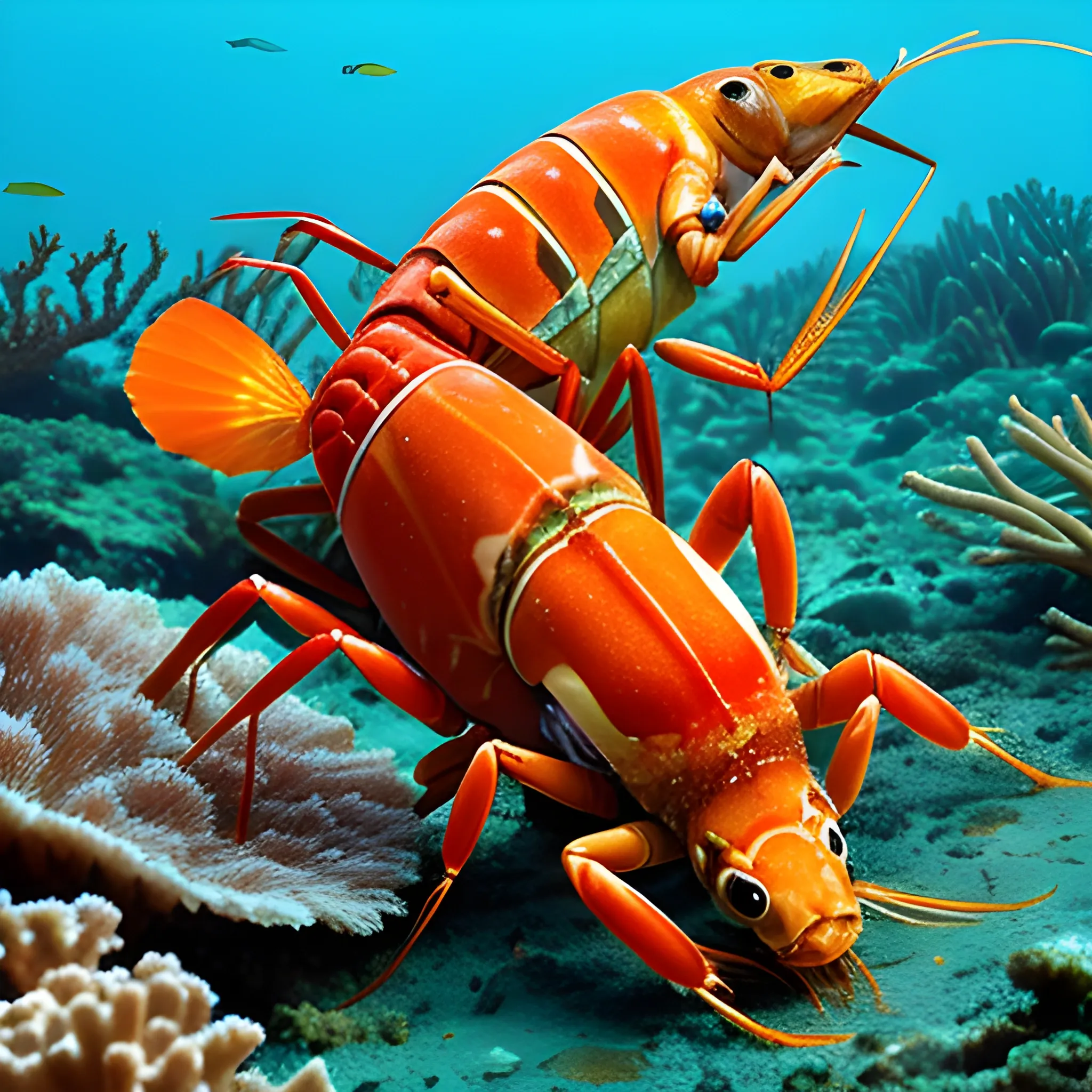 ballroom dance of a crayfish and  a fish among the coral reefs
