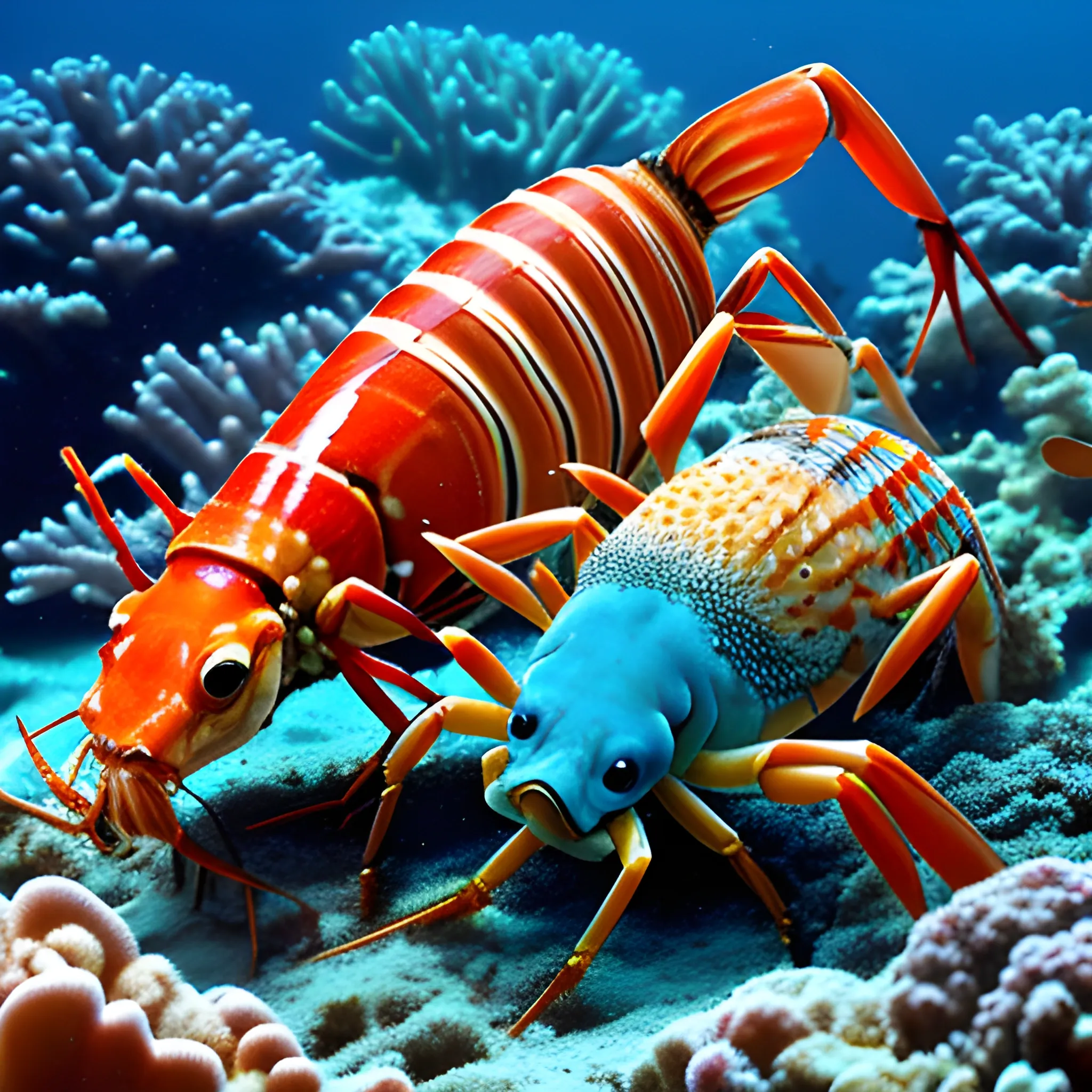 ballroom dance of a crayfish and  a fish among the coral reefs
