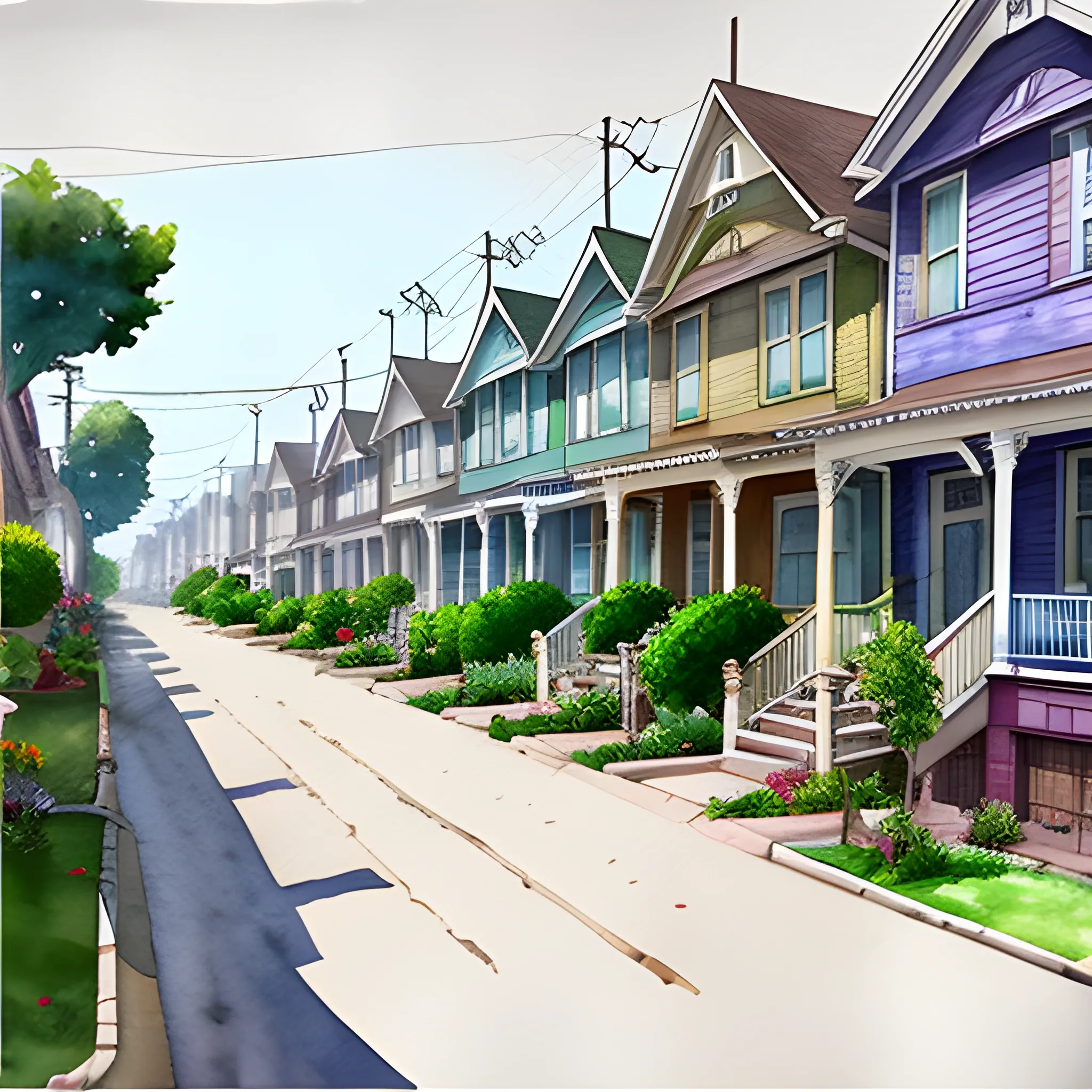 street lined with old residential houses summer watercolor by arti chauhan trending on artstation

, 3D