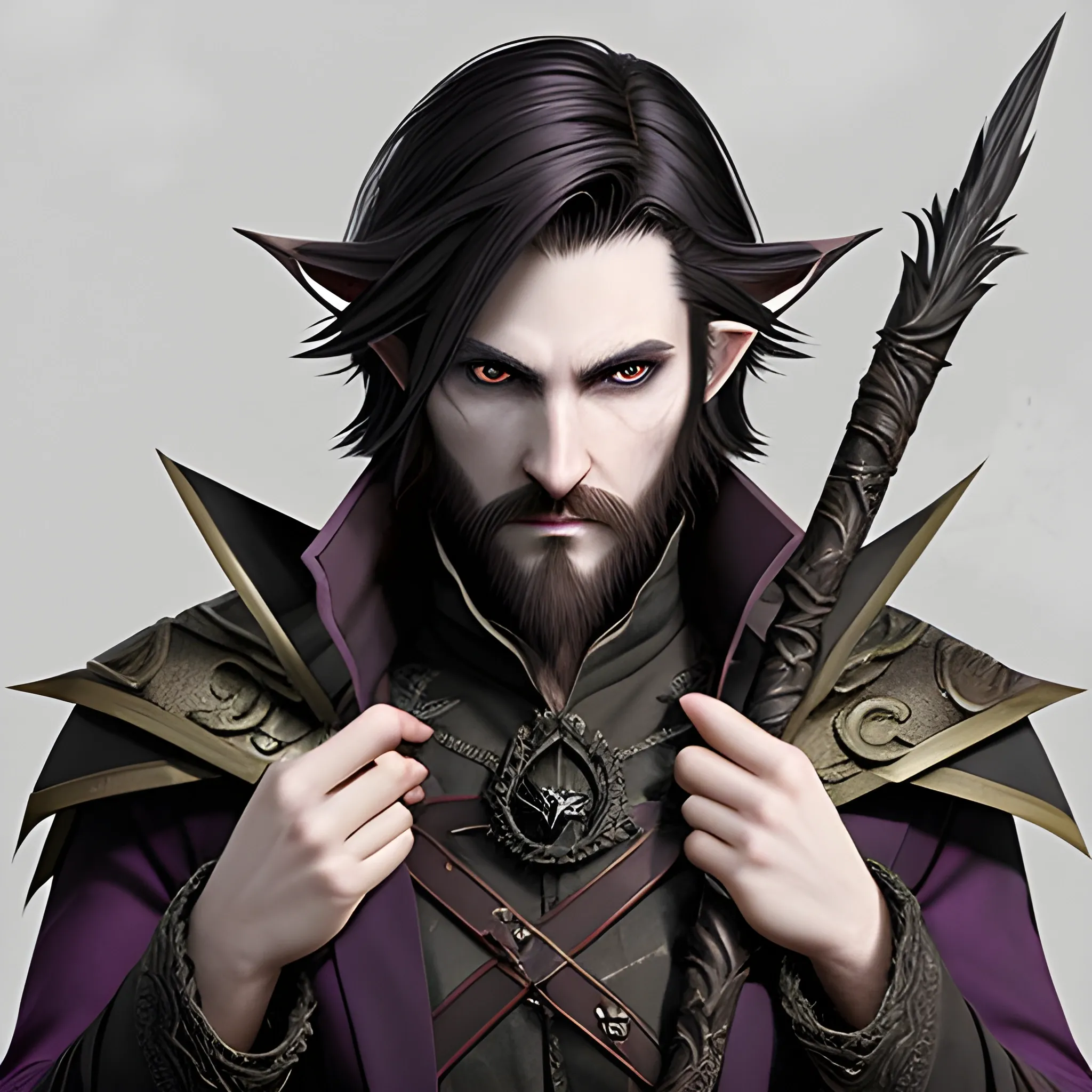 male, chaotic evil warlock, half elf with pale skin, hazel eyes short and straight dark hair and beard