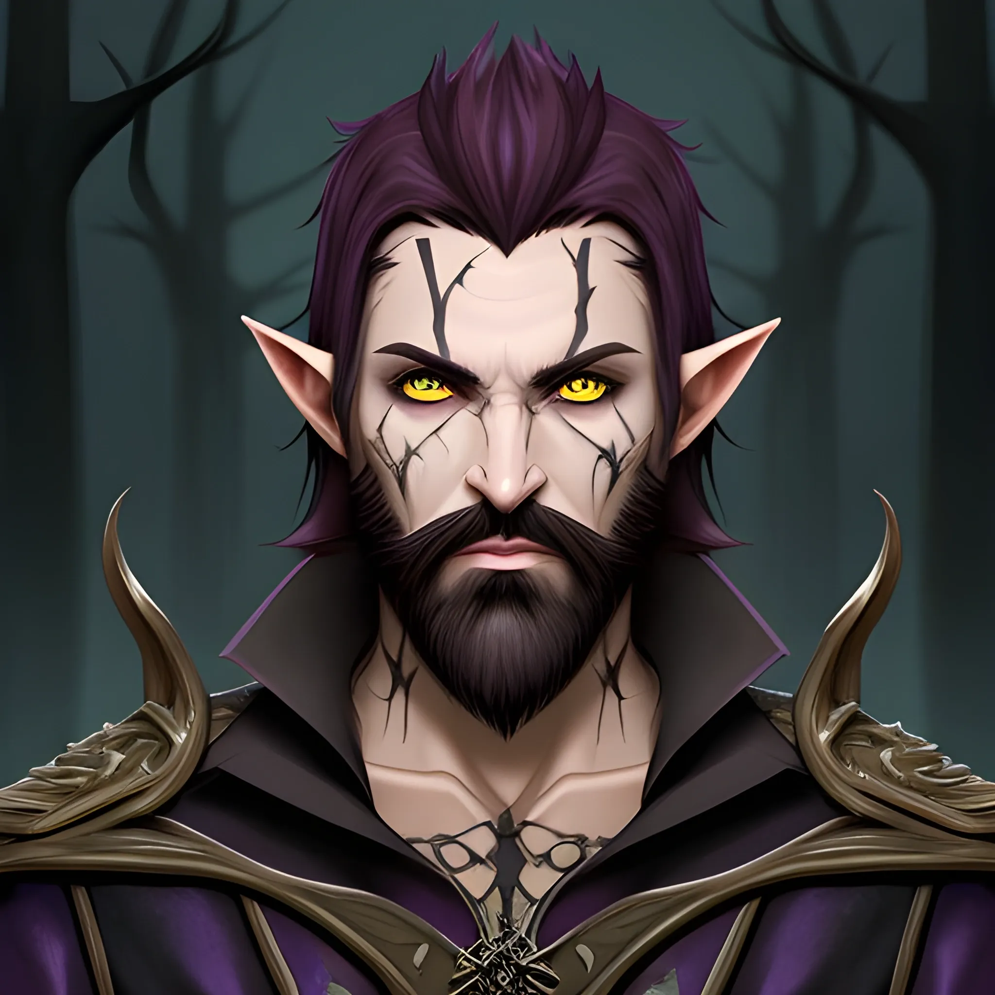 male, chaotic evil sadistic warlock, half elf with light skin, hazel eyes short and straight dark hair and beard in the underworld