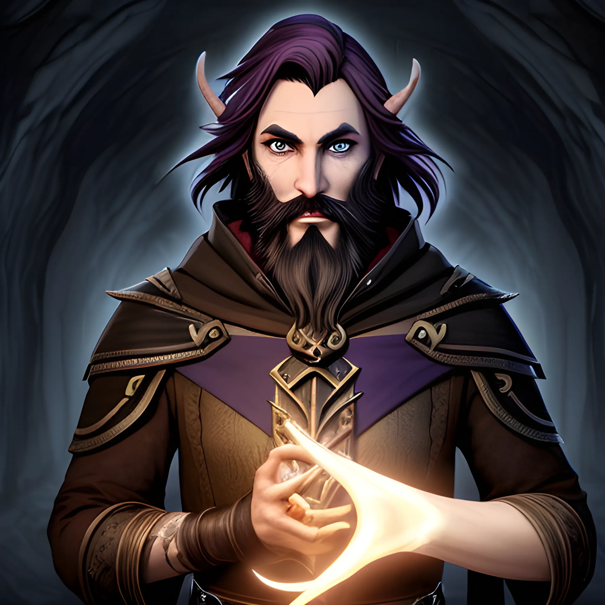 male, chaotic evil sadistic warlock, half elf with light skin, hazel eyes short and straight dark hair and beard in the abyss