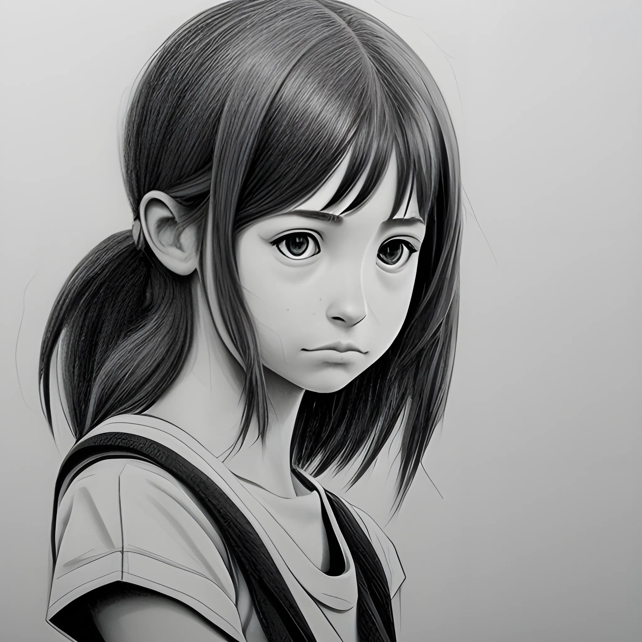 imagen realista de cuerpo completo SIN COLOR y sin fondo de una chica con playera sin mangas, collar, una mochila mensajera, cabello descuidado con una mirada triste
, Pencil Sketch