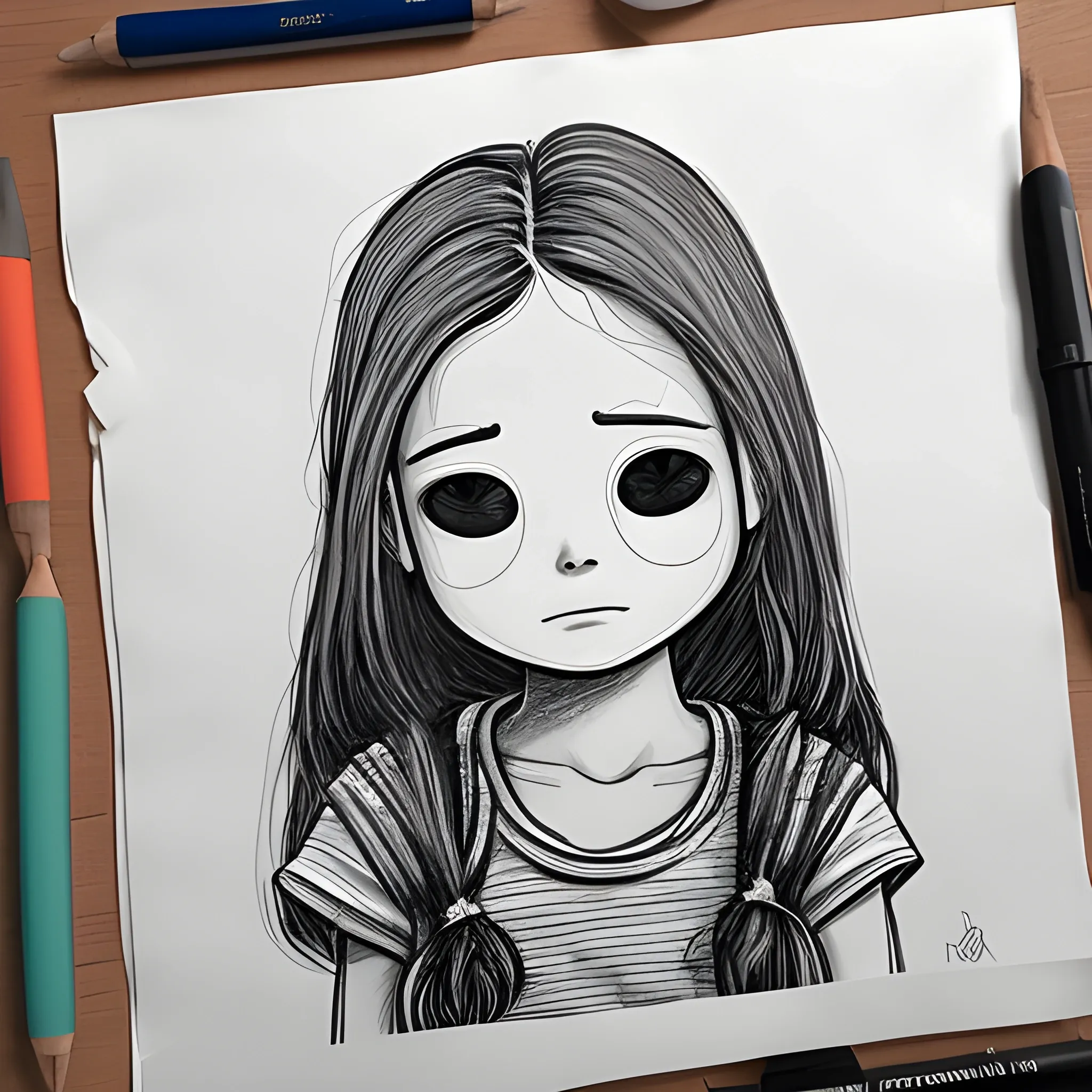 dibujo de cuerpo completo SIN COLOR y sin fondo de una chica con playera de tirantes, collar, una mochila mensajera, cabello descuidado con una mirada triste
