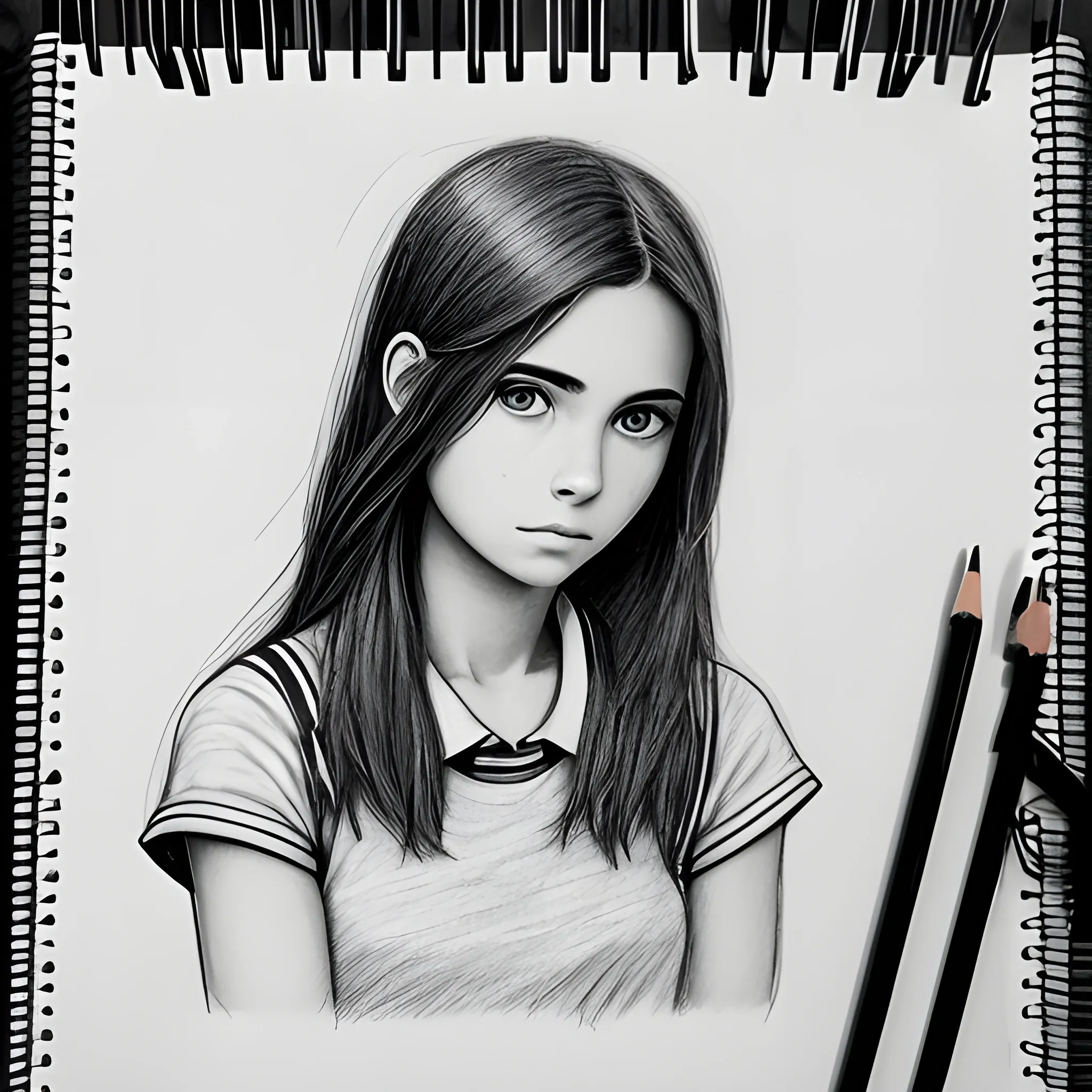 dibujo de cuerpo completo SIN COLOR y sin fondo de una mujer joven de mirada triste. vistiendo playera de tirantes, collar, una mochila mensajera, cabello con cola de caballo
, Pencil Sketch