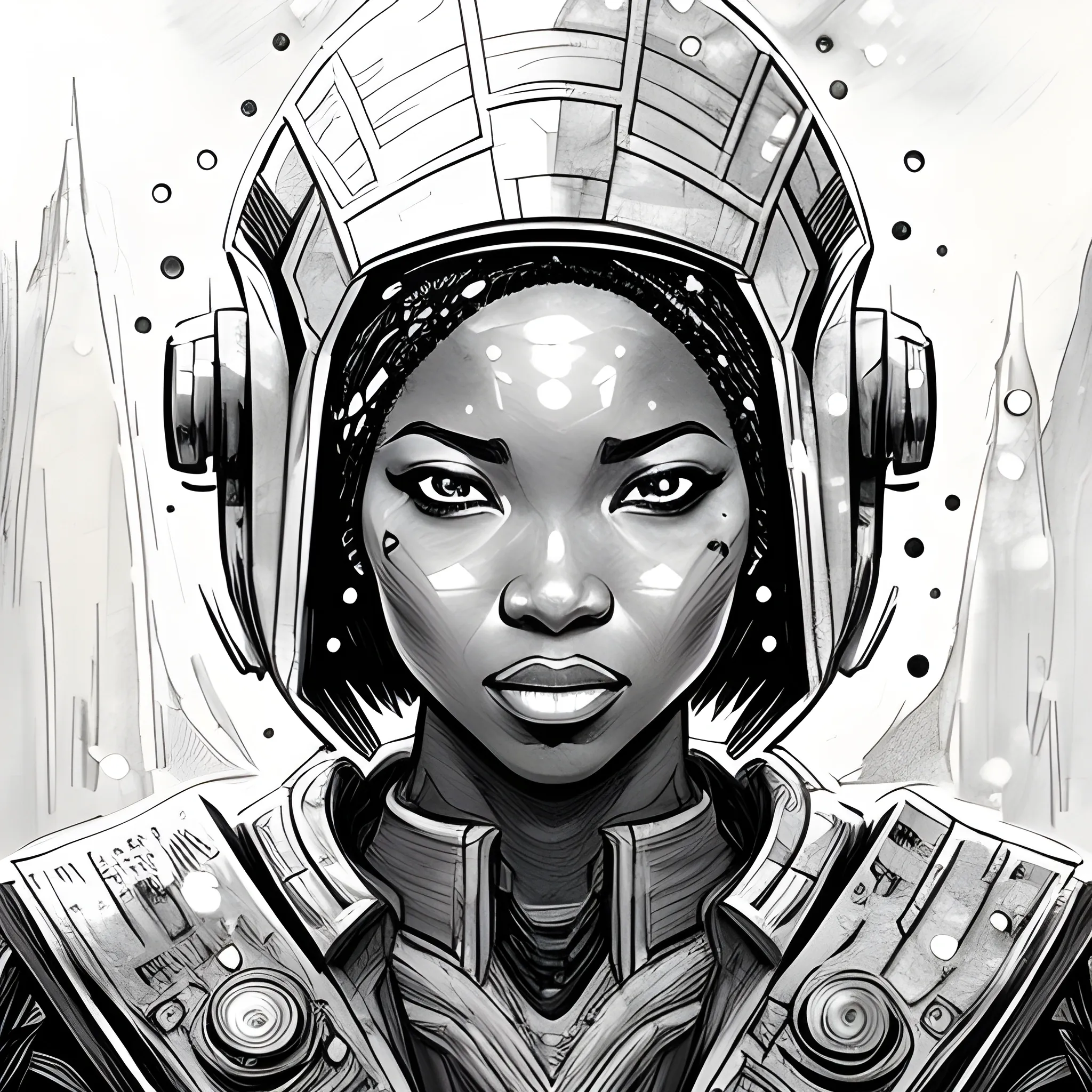 CONCEPT ART, ink sketch with ink wash: Headshot portrait of a gorgeous African starship doctor, sci-fi uniform, snowing in the background = intricate details, classic graphic novel style, impressionistic illustration, 6x9 format, UHD, 4k