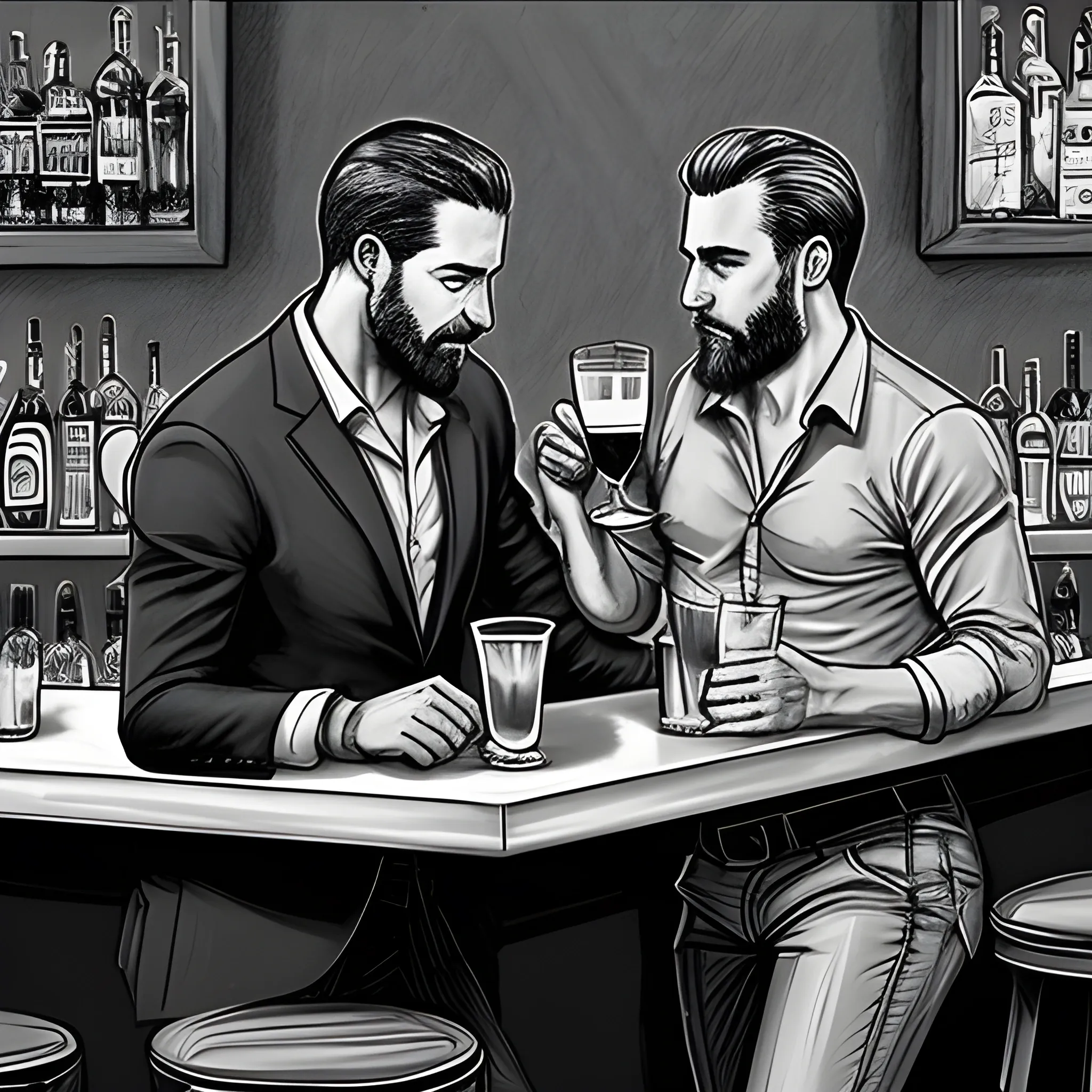 dibujo de cuerpo completo SIN COLOR y sin fondo de 2 hombres en un bar, tomandose de las manos, se ven algunas copas en la mesa