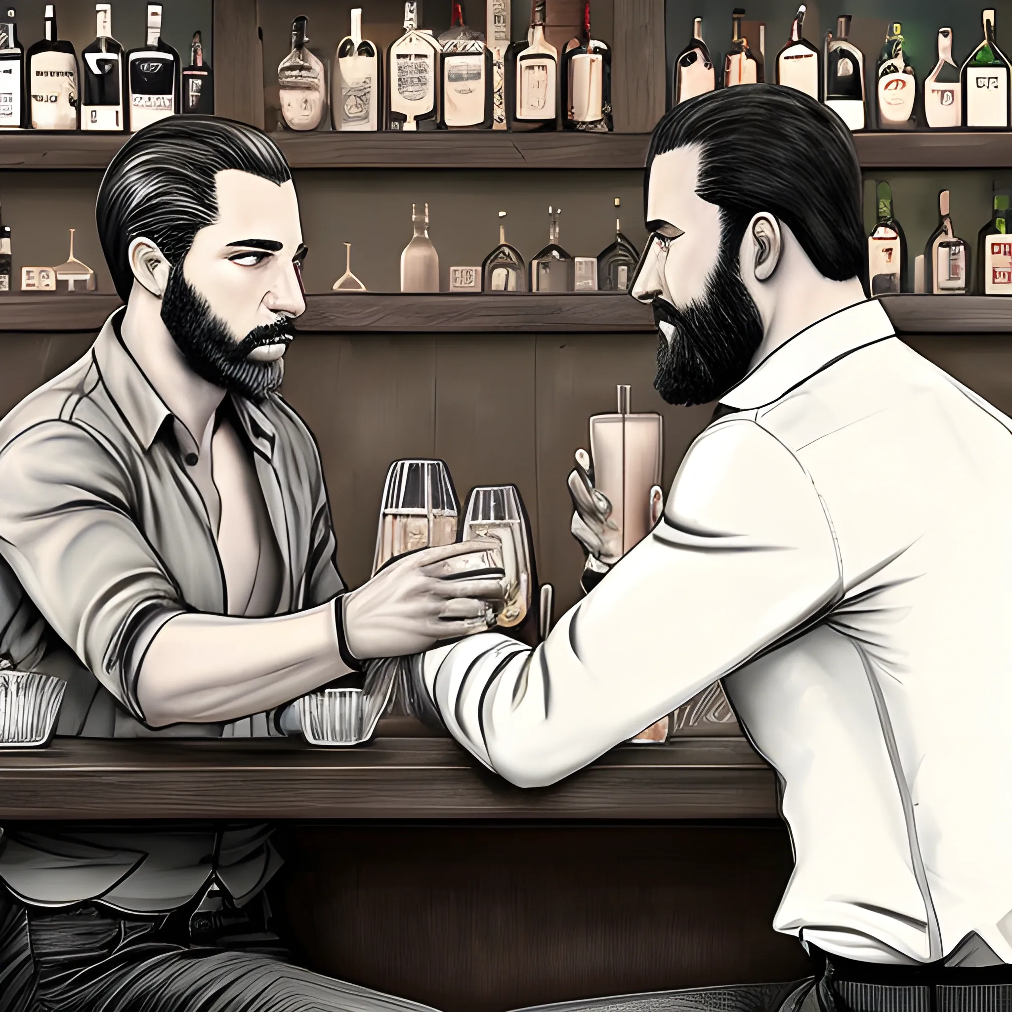 dibujo realista de cuerpo completo SIN COLOR y sin fondo de 2 hombres en un bar, tomandose de las manos, se ven algunas copas en la mesa