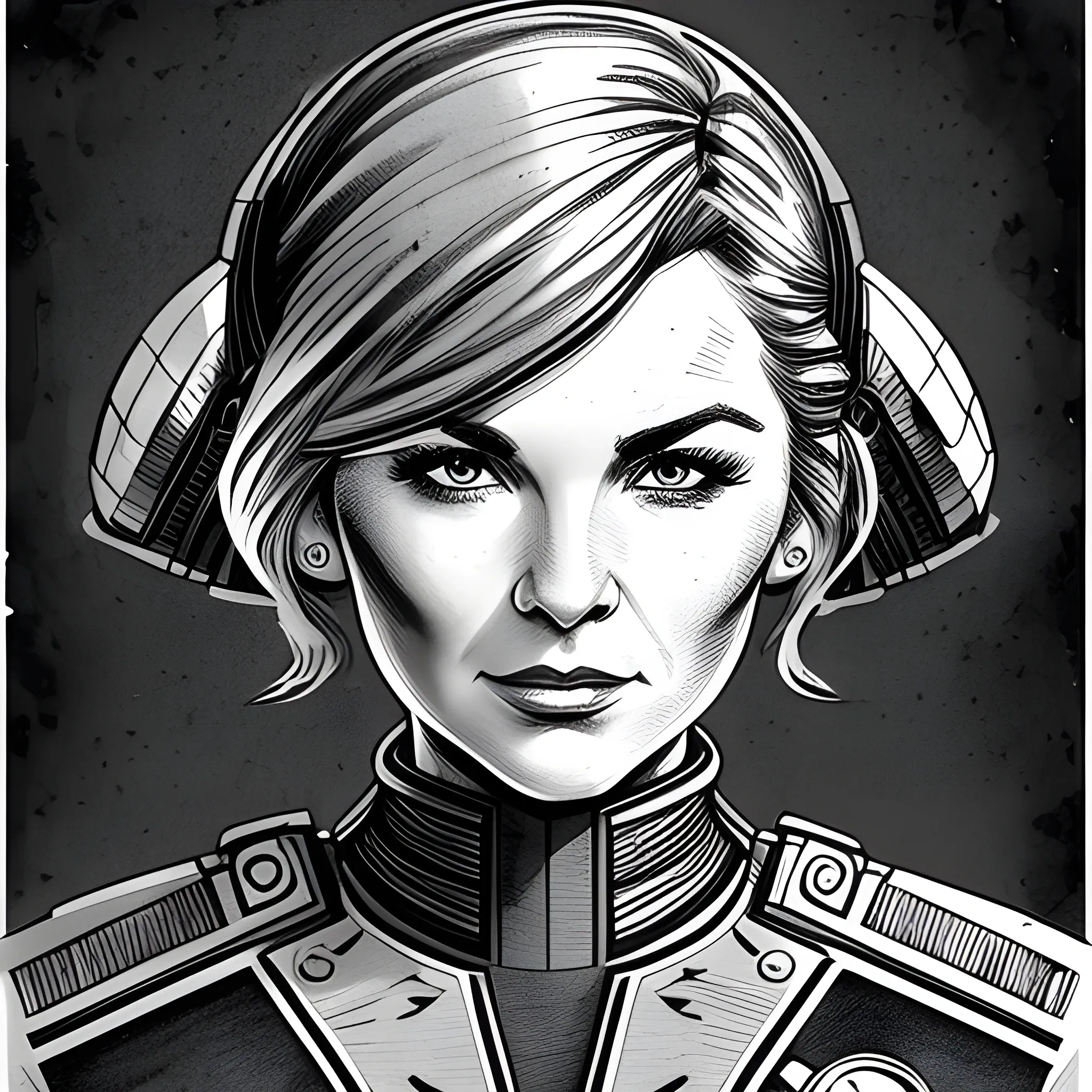 ink sketch with ink wash: Headshot portrait of a gorgeous starship doctor, sci-fi uniform = intricate details, classic graphic novel style, impressionistic illustration, 6x9 format, UHD, 4k, Pencil Sketch