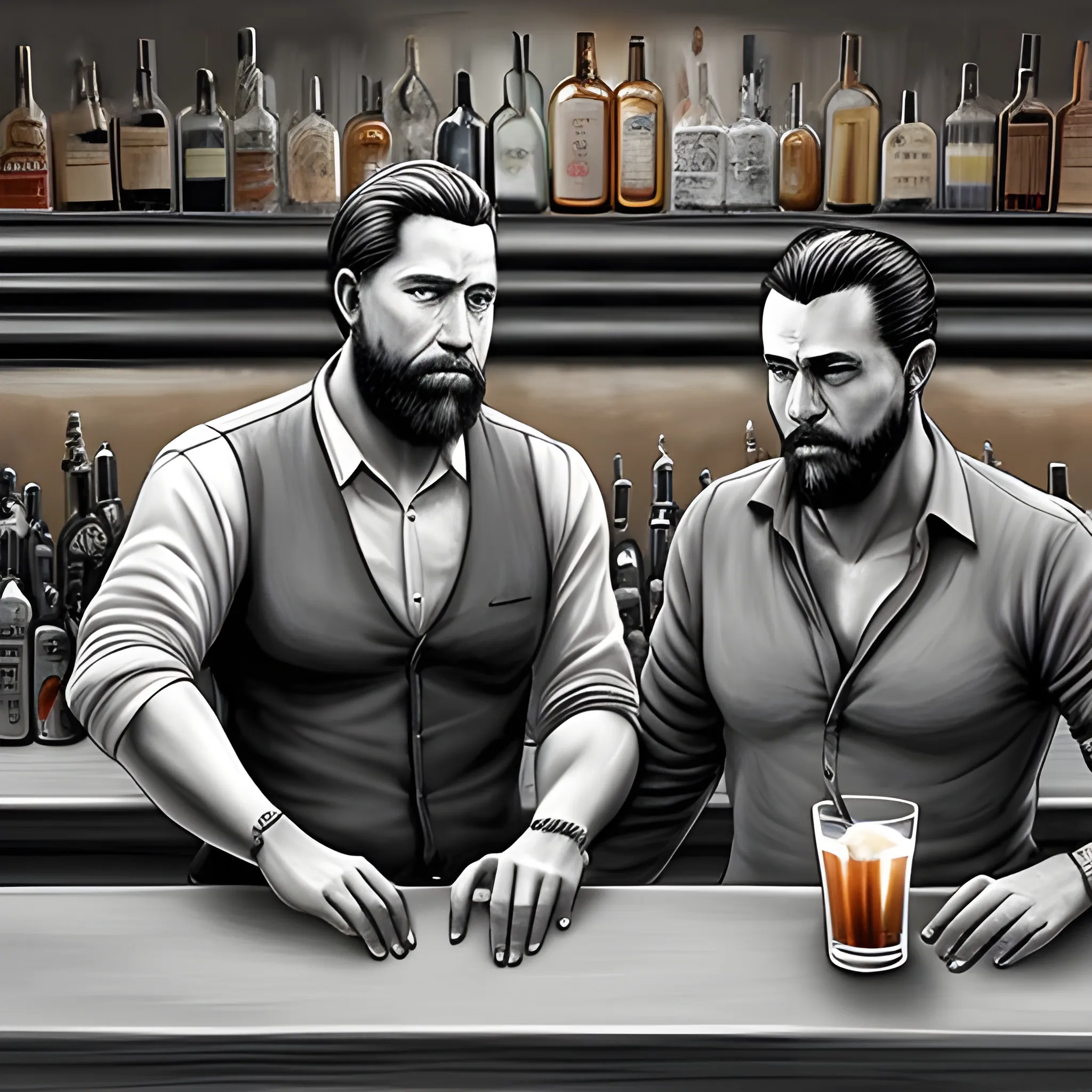 dibujo realista de cuerpo completo SIN COLOR y sin fondo de 2 hombres en un bar, tomandose de las manos