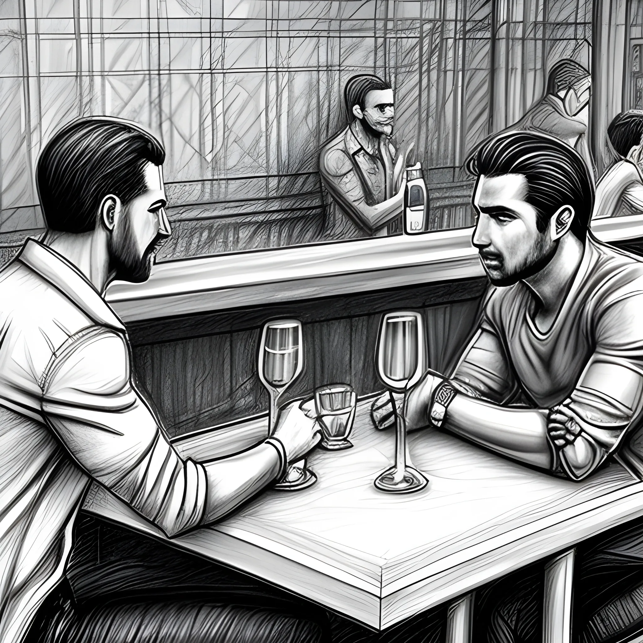 dibujo realista de cuerpo completo SIN COLOR y sin fondo de 2 hombres en la mesa de un bar, conversando, Pencil Sketch