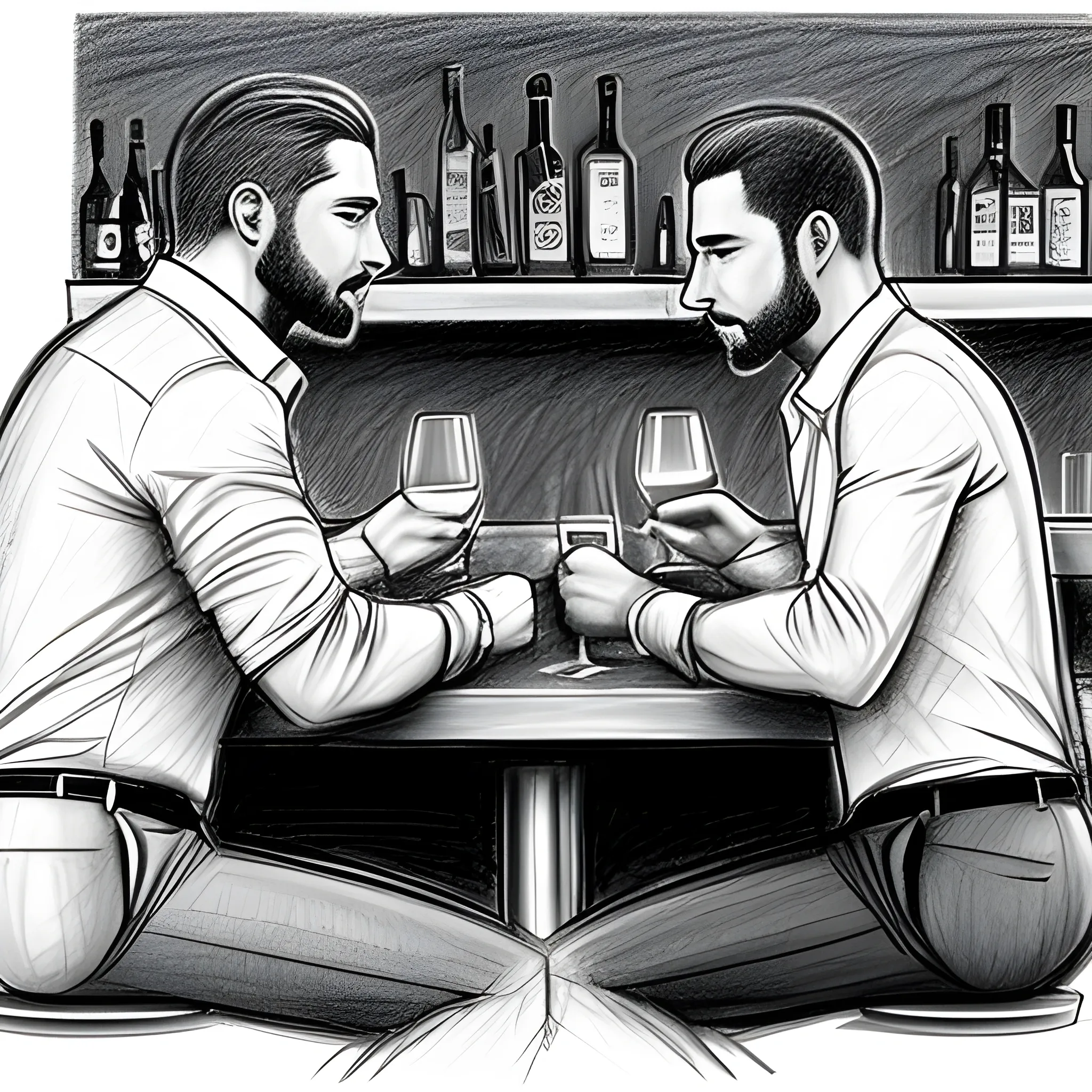 dibujo realista de cuerpo completo SIN COLOR y sin fondo de 2 hombres en la mesa de un bar, conversando, Pencil Sketch