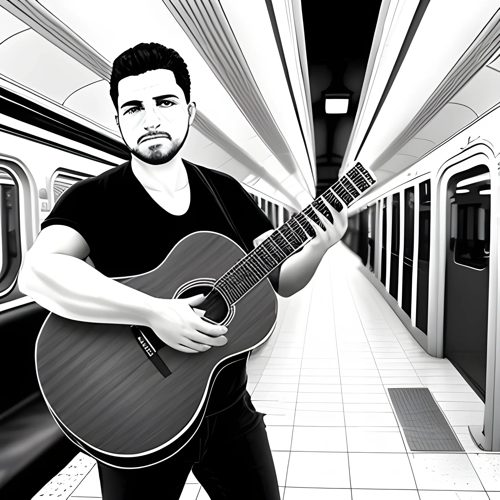 dibujo realista de cuerpo completo SIN COLOR y sin fondo de un hombre cantando en el metro con una guitarra y una flauta de pan