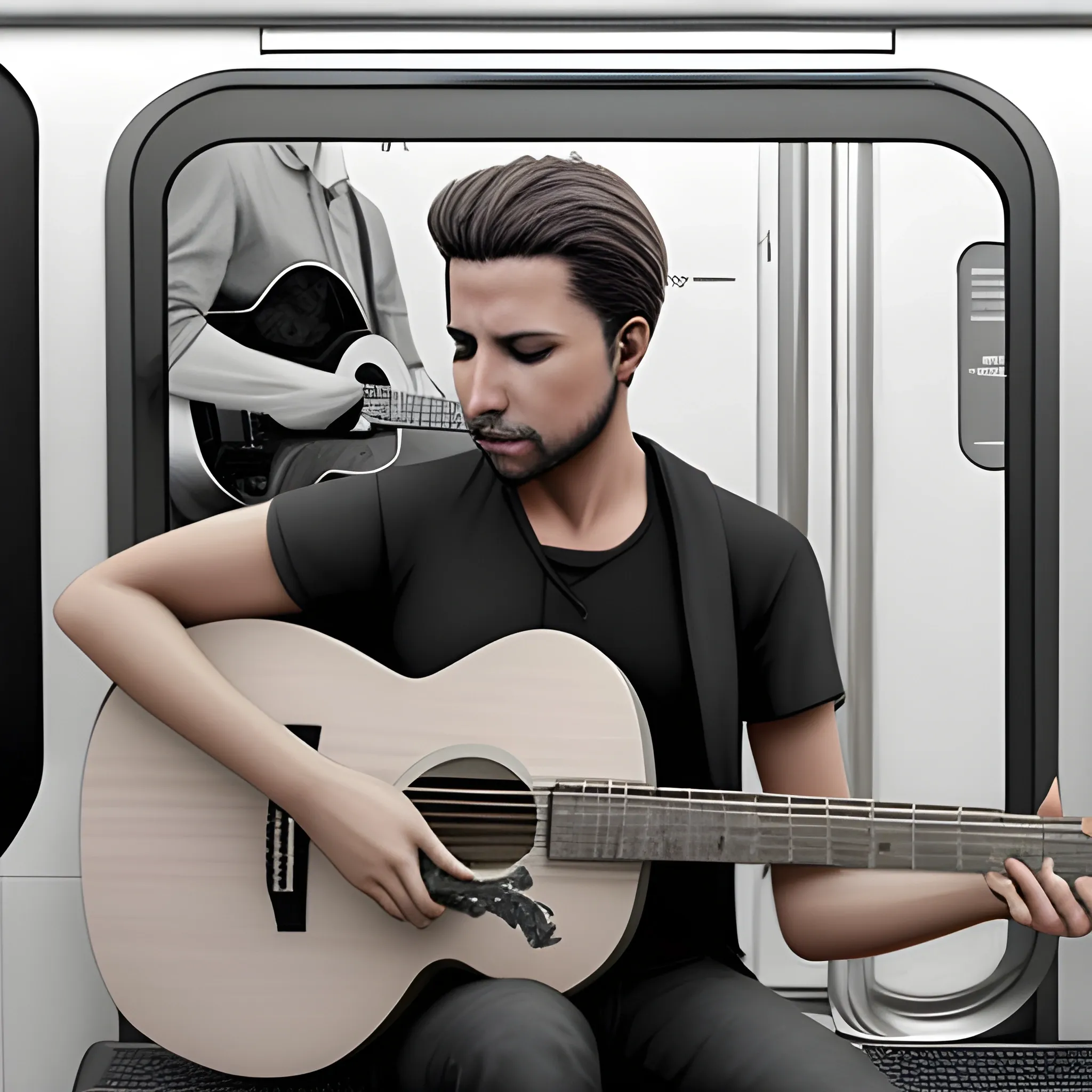 dibujo realista de cuerpo completo SIN COLOR y sin fondo de un hombre cantando en el metro con una guitarra y una flauta de pan