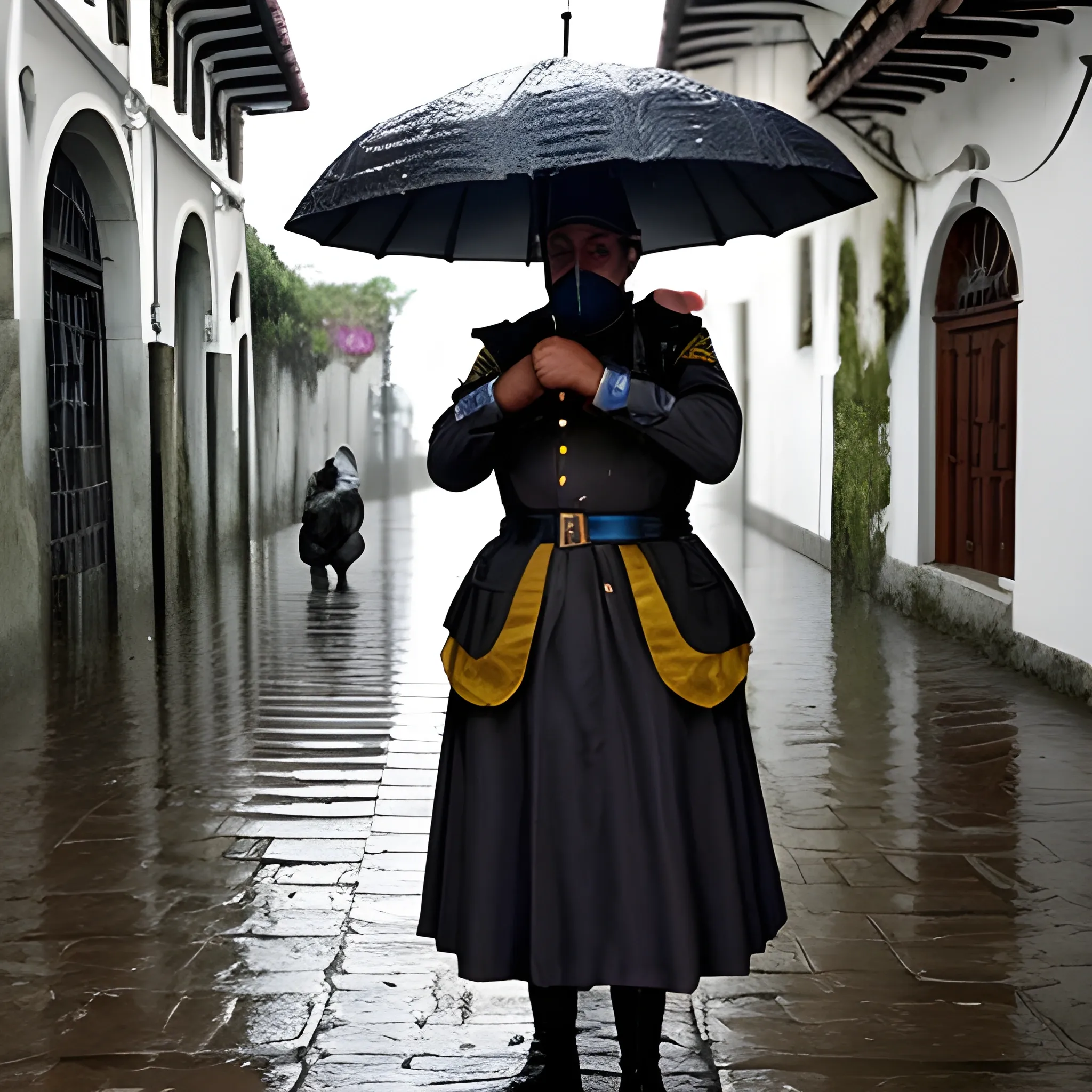 quieo un guardia de seguridad en donde este en la garita en una epoca lluviosa con un aisaje de quito 
