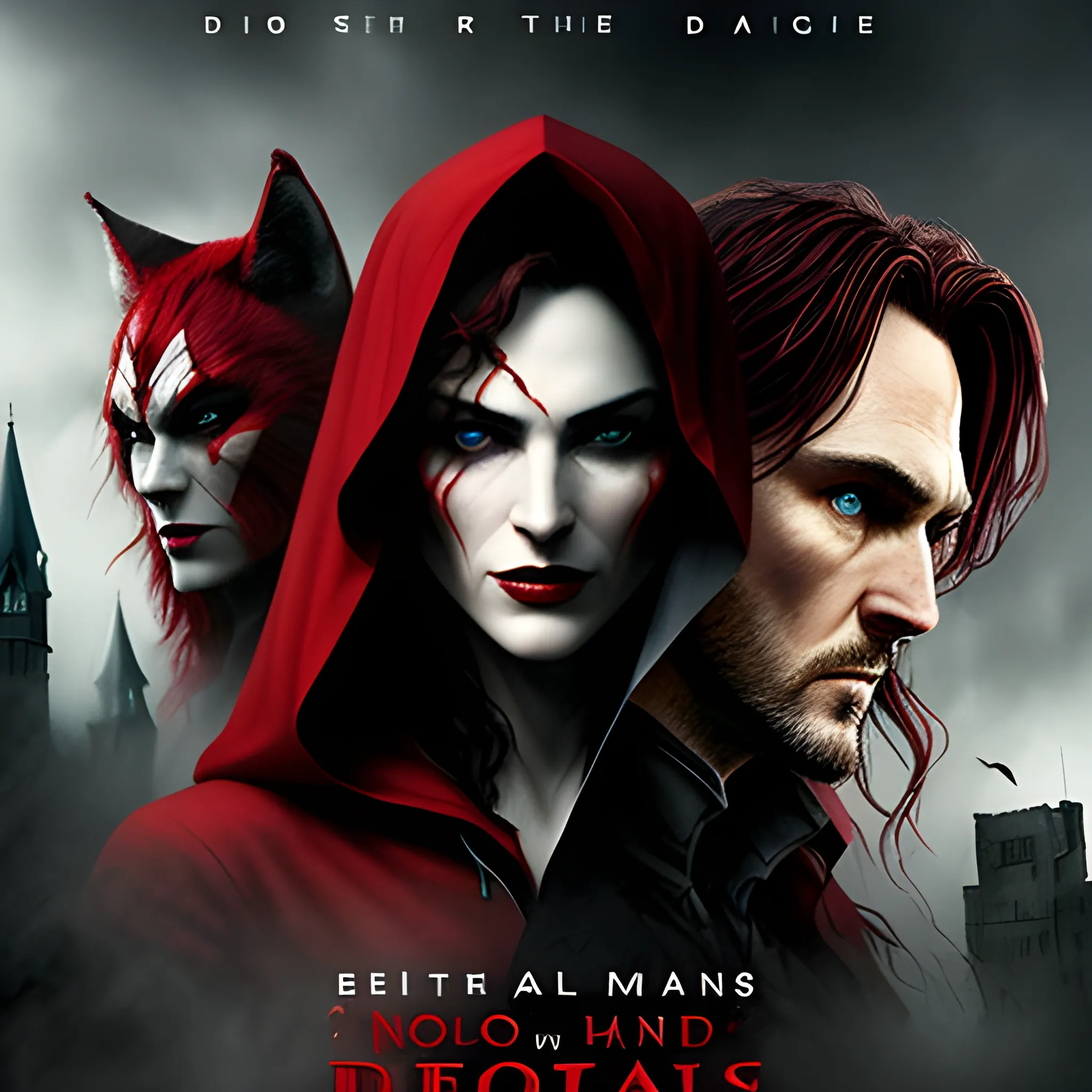 Design a movie poster depicting the story of Little Red Riding Hood under the direction of Christopher Nolan. The image should include the face of Little Red Riding Hood, showing innocence and vulnerability, and the face of the wolf, with a menacing and malevolent expression. Both faces should be divided by an axe, symbolizing the danger and confrontation between the two characters. The design should capture the dark and mysterious atmosphere characteristic of Nolan's films., 3D, Closeup