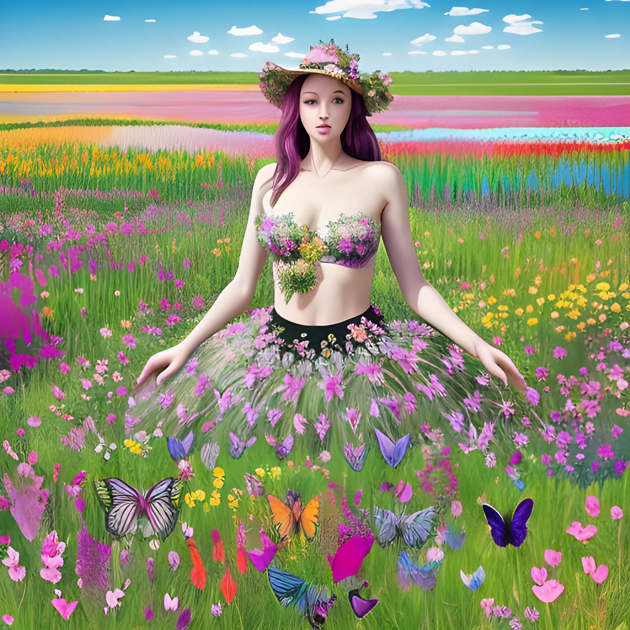jolie femme dans une prairie fleurie et des papillons multicolores qui volent autour de la jolie femme debout dans la prairie fleurie de beaucoup de fleurs exotiques colorées, Trippy