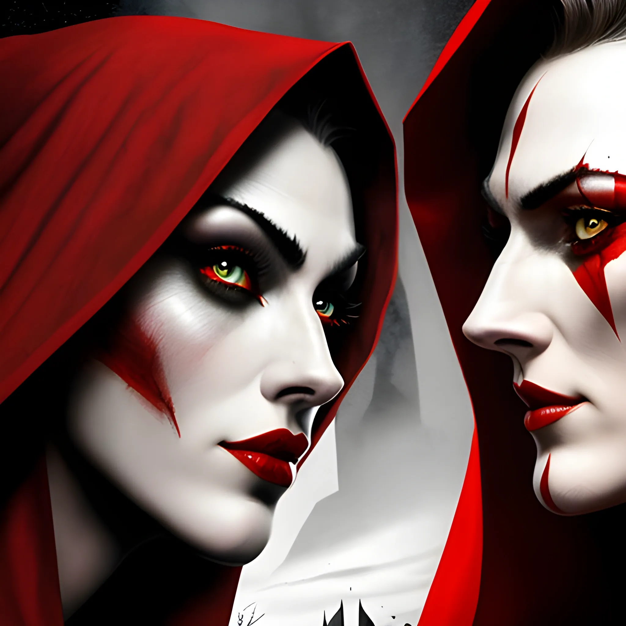 Design a movie poster depicting the story of Little Red Riding Hood under the direction of Christopher Nolan. The image should include a closeup of the two faces. One face of Little Red Riding Hood, showing innocence and vulnerability.  the other face of the wolf, with a menacing and malevolent expression. Both faces should be divided by an axe.