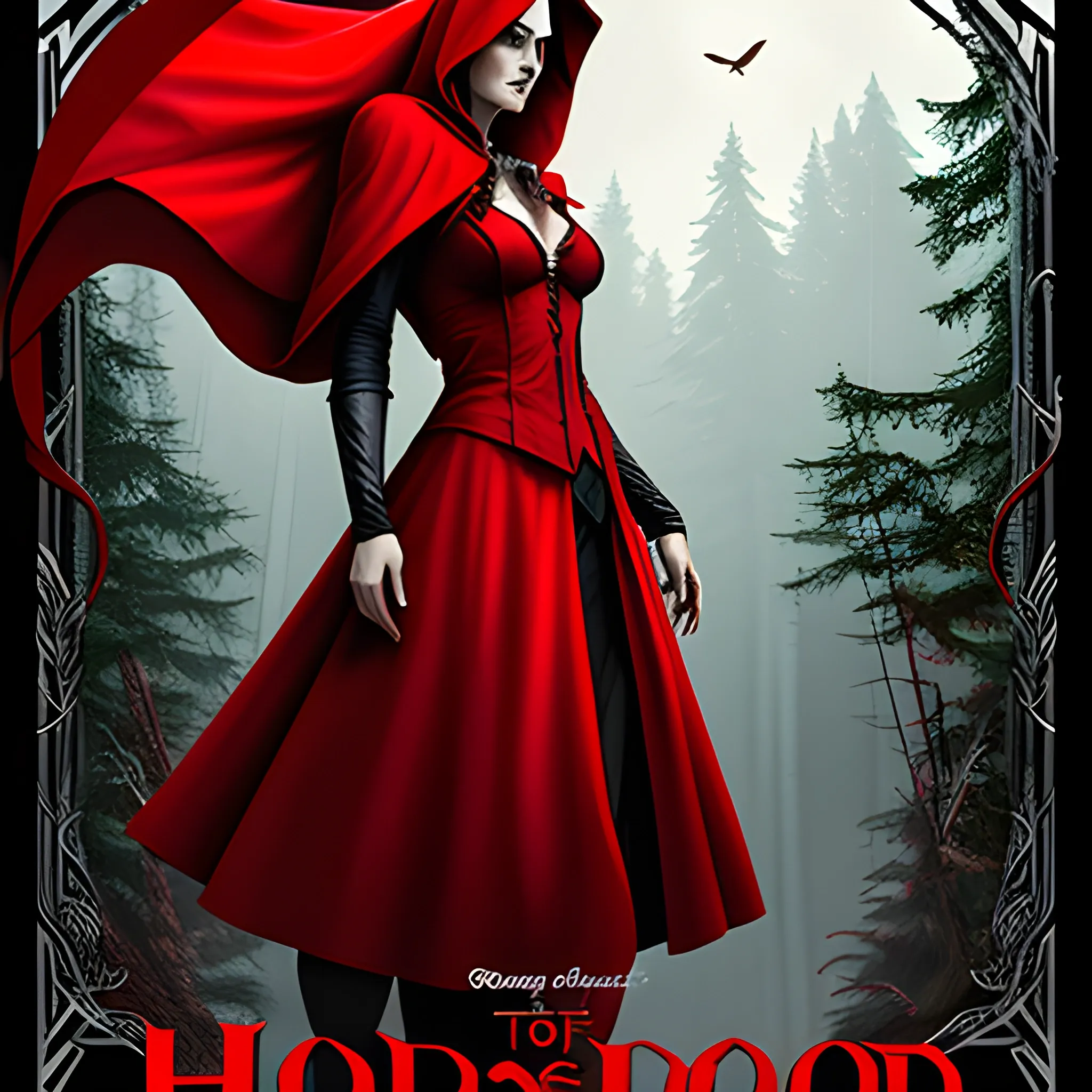 Design a movie poster depicting the story of Little Red Riding Hood.