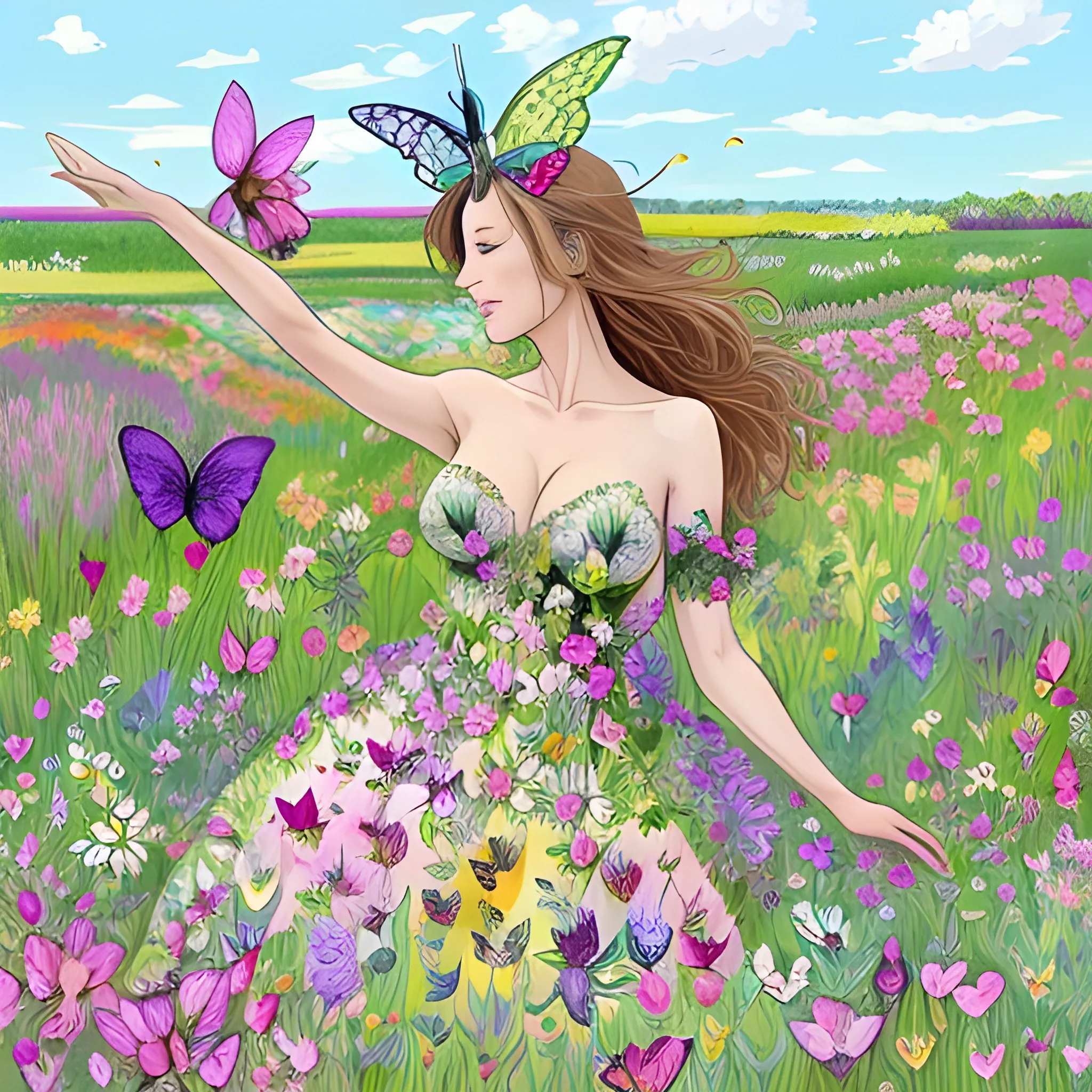 jolie femme dans une prairie fleurie et des papillons multicolores qui volent autour de la jolie femme debout dans la prairie fleurie de beaucoup de fleurs exotiques colorées, , Cartoon