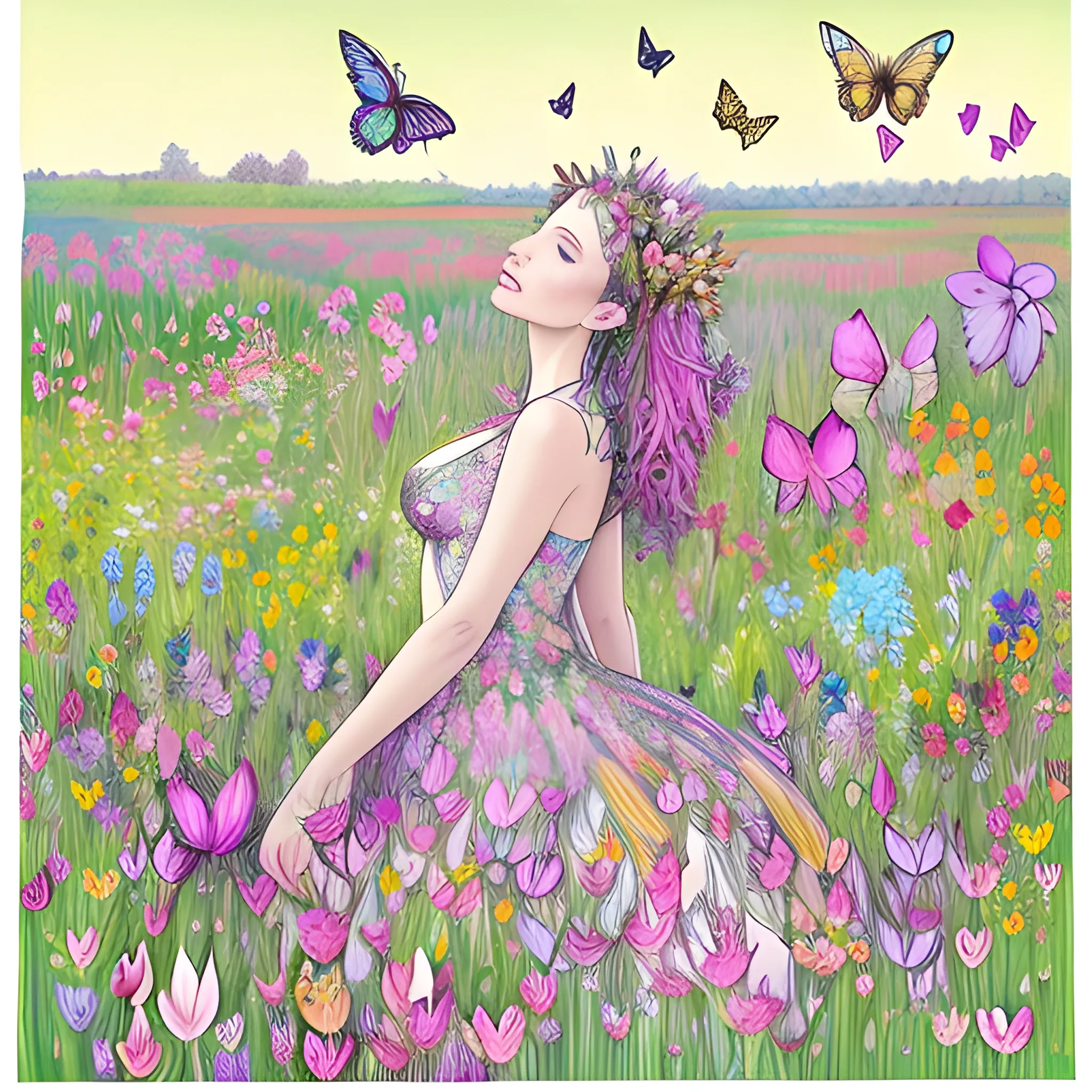 jolie femme dans une prairie fleurie et des papillons multicolores qui volent autour de la jolie femme debout dans la prairie fleurie de beaucoup de fleurs exotiques colorées, , Pencil Sketch, Trippy