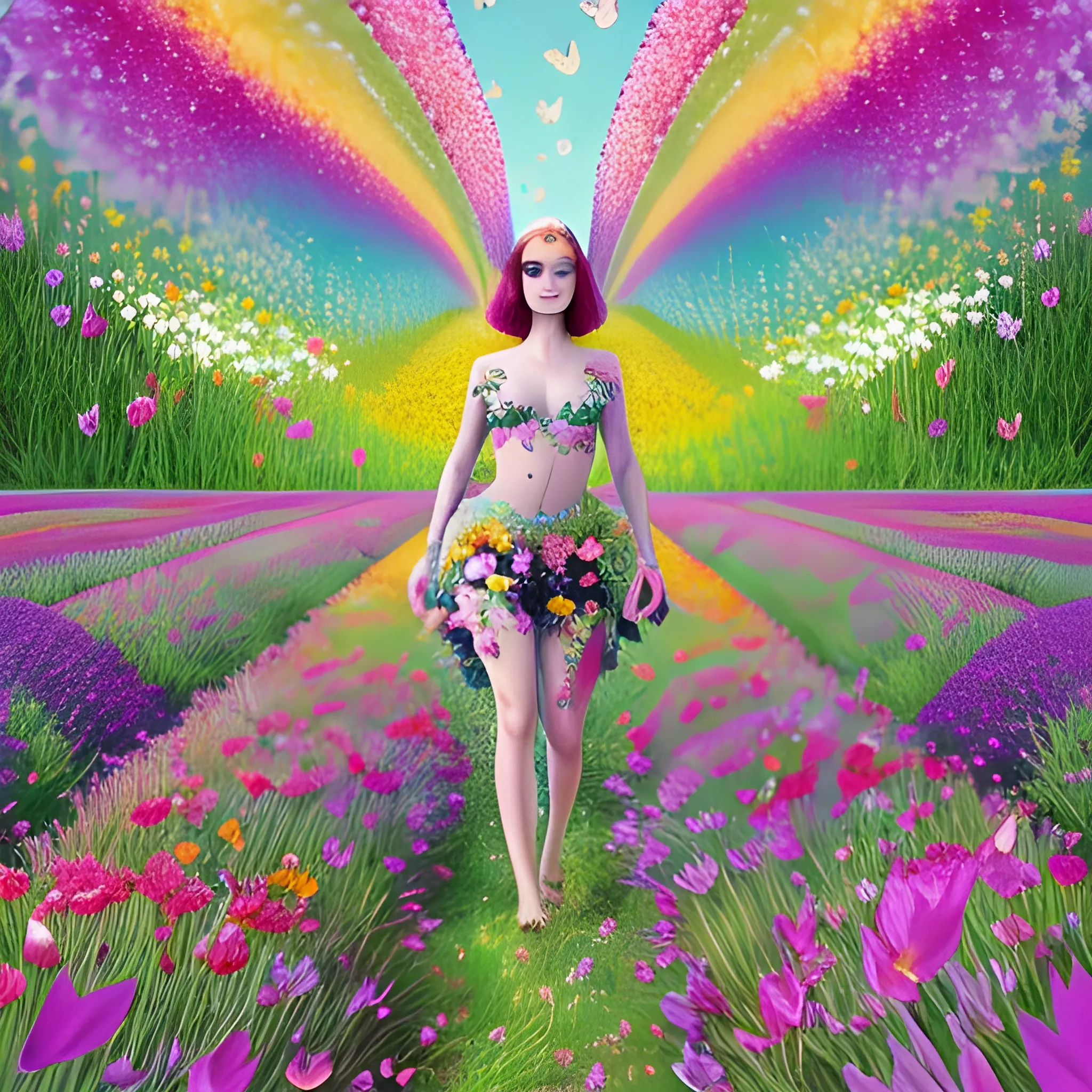 jolie femme dans une prairie fleurie et des papillons multicolores qui volent autour de la jolie femme debout dans la prairie fleurie de beaucoup de fleurs exotiques colorées, 4K ulta, Trippy