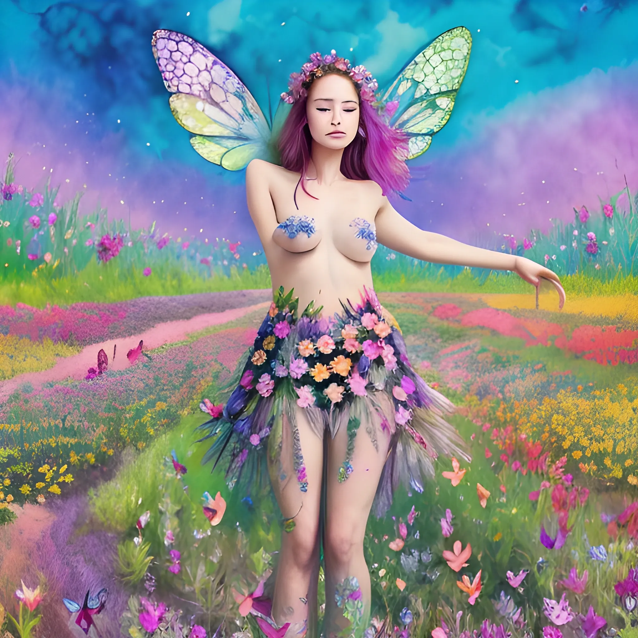 jolie femme dans une prairie fleurie et des papillons multicolores qui volent autour de la jolie femme debout dans la prairie fleurie de beaucoup de fleurs exotiques colorées, 4K ulta, Trippy, Water Color