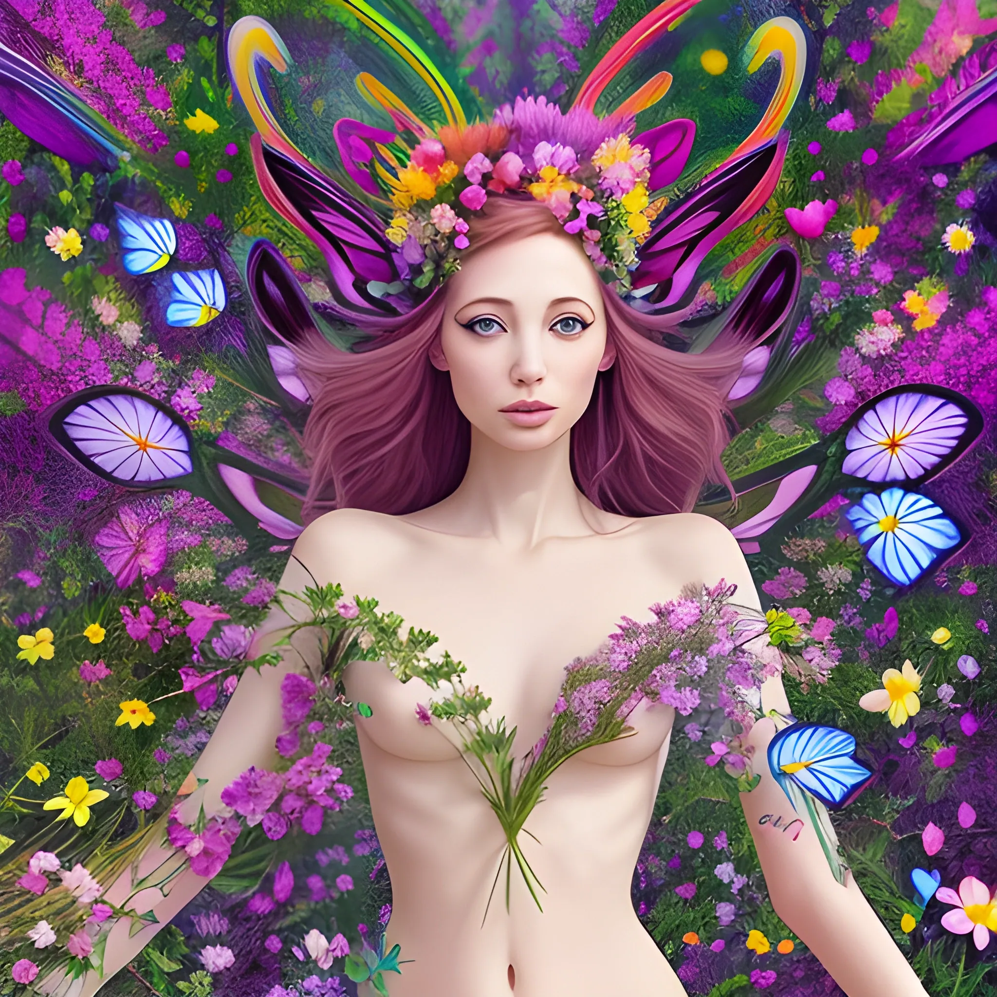 jolie femme elfique dans une prairie fleurie et des papillons multicolores qui volent autour de la jolie femme debout dans la prairie fleurie de beaucoup de fleurs exotiques colorées, 4K ultra , Trippy
