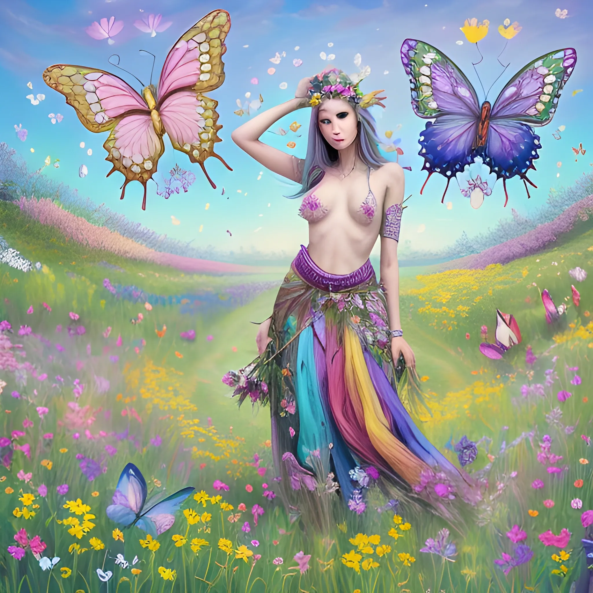 jolie femme elfique debout avec un arc des bijoux divers et excentrique dans une prairie fleurie et des papillons multicolores qui volent autour de la jolie femme debout dans la prairie fleurie de beaucoup de fleurs exotiques colorées, 4K ultra , Trippy, Oil Painting