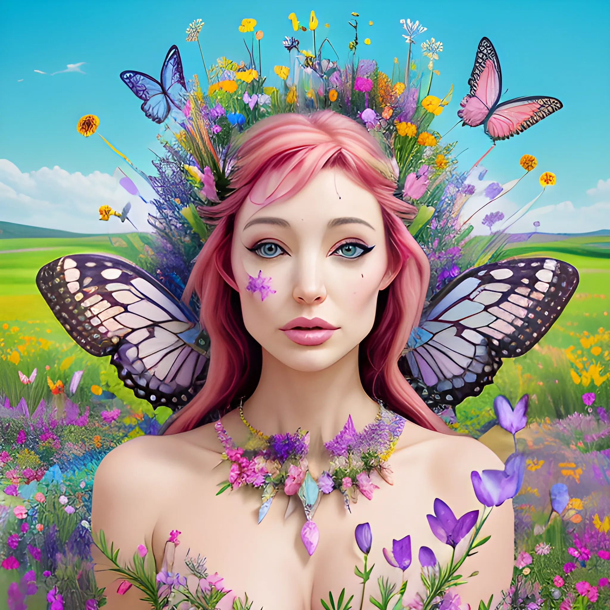 jolie femme elfique debout avec un arc des bijoux divers et excentrique dans une prairie fleurie et des papillons multicolores qui volent autour de la jolie femme debout dans la prairie fleurie de beaucoup de fleurs exotiques colorées, 4K ultra , Trippy, Oil Painting, 3D