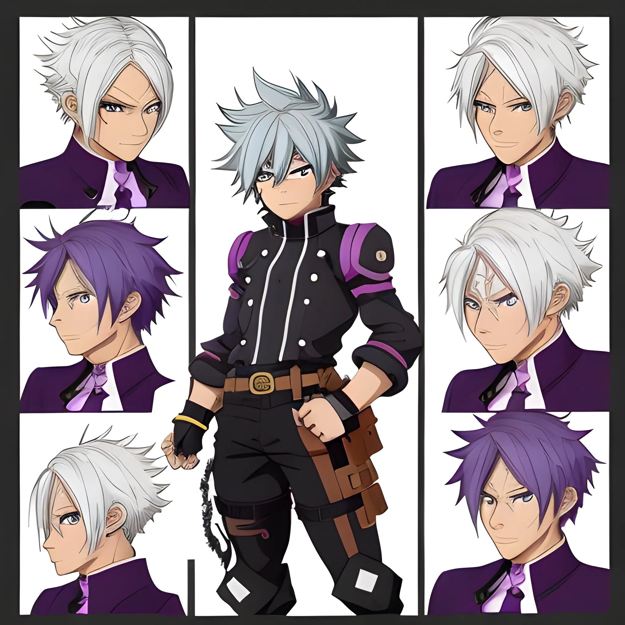 Create Noé Archiviste from The Case Study of Vanitas in My Hero Academia style. Noe has white hair, purple eyes, caramel tan skin, and a kind face