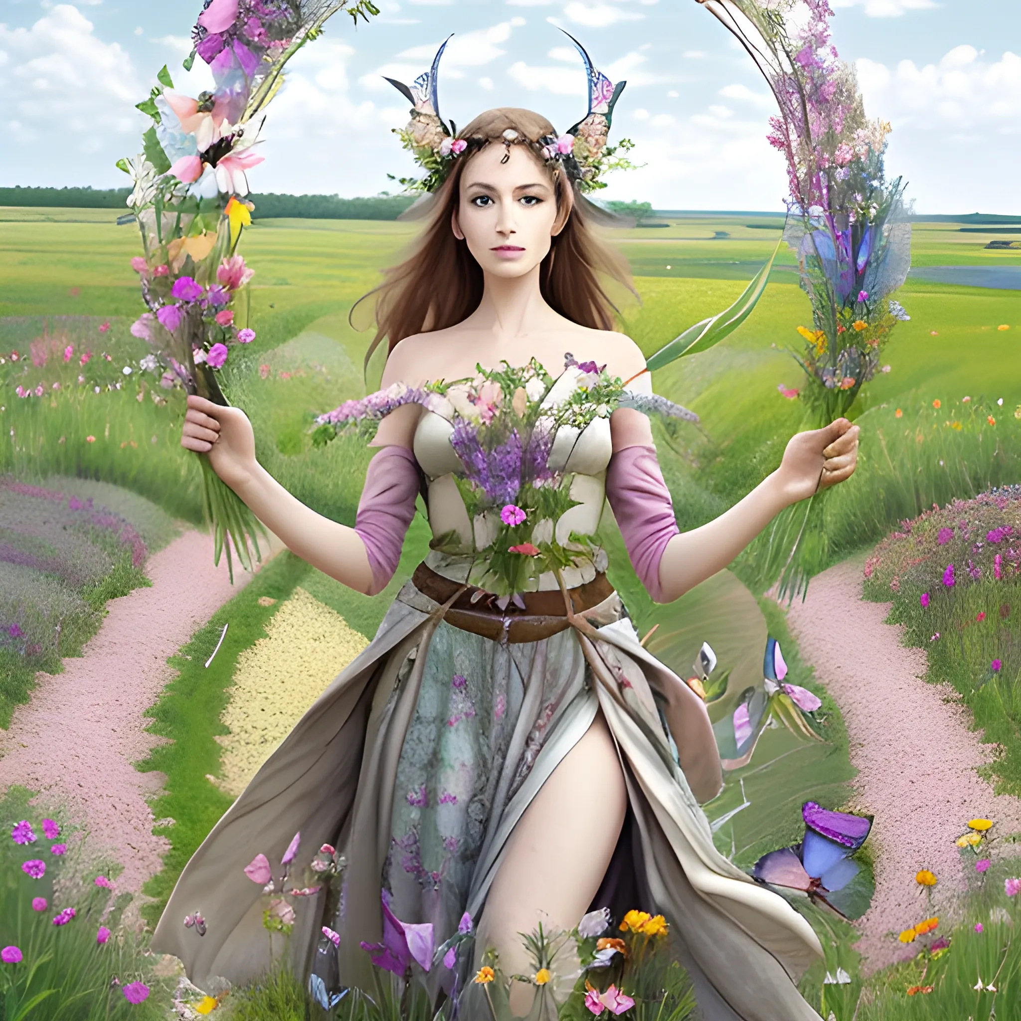 jolie femme elfique debout avec un arc des bijoux divers et excentrique dans une prairie fleurie et des papillons multicolores qui volent autour de la jolie femme debout dans la prairie fleurie de beaucoup de fleurs exotiques colorées