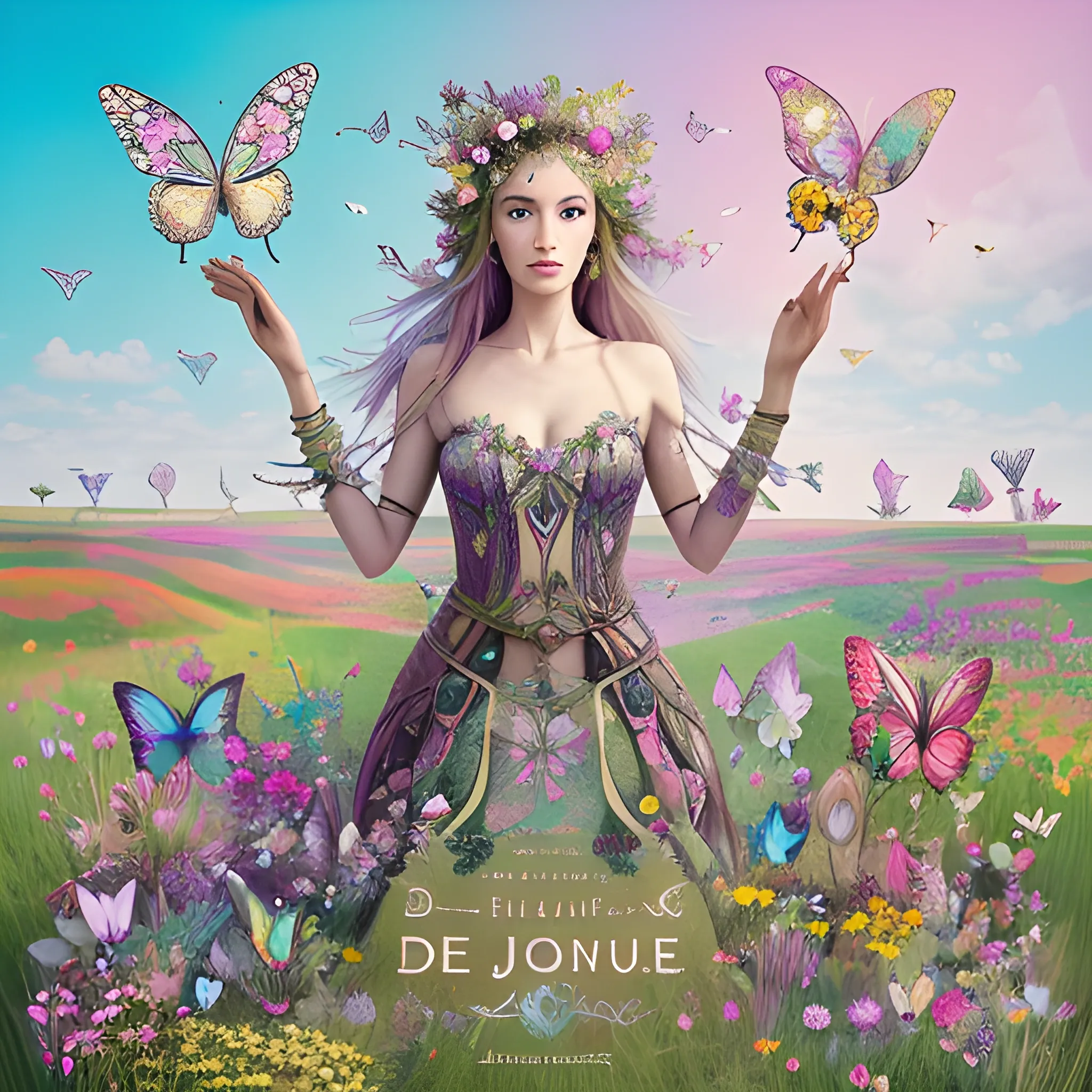 jolie femme elfique debout avec un arc des bijoux divers et excentrique dans une prairie fleurie et des papillons multicolores qui volent autour de la jolie femme debout dans la prairie fleurie de beaucoup de fleurs exotiques colorées, Trippy