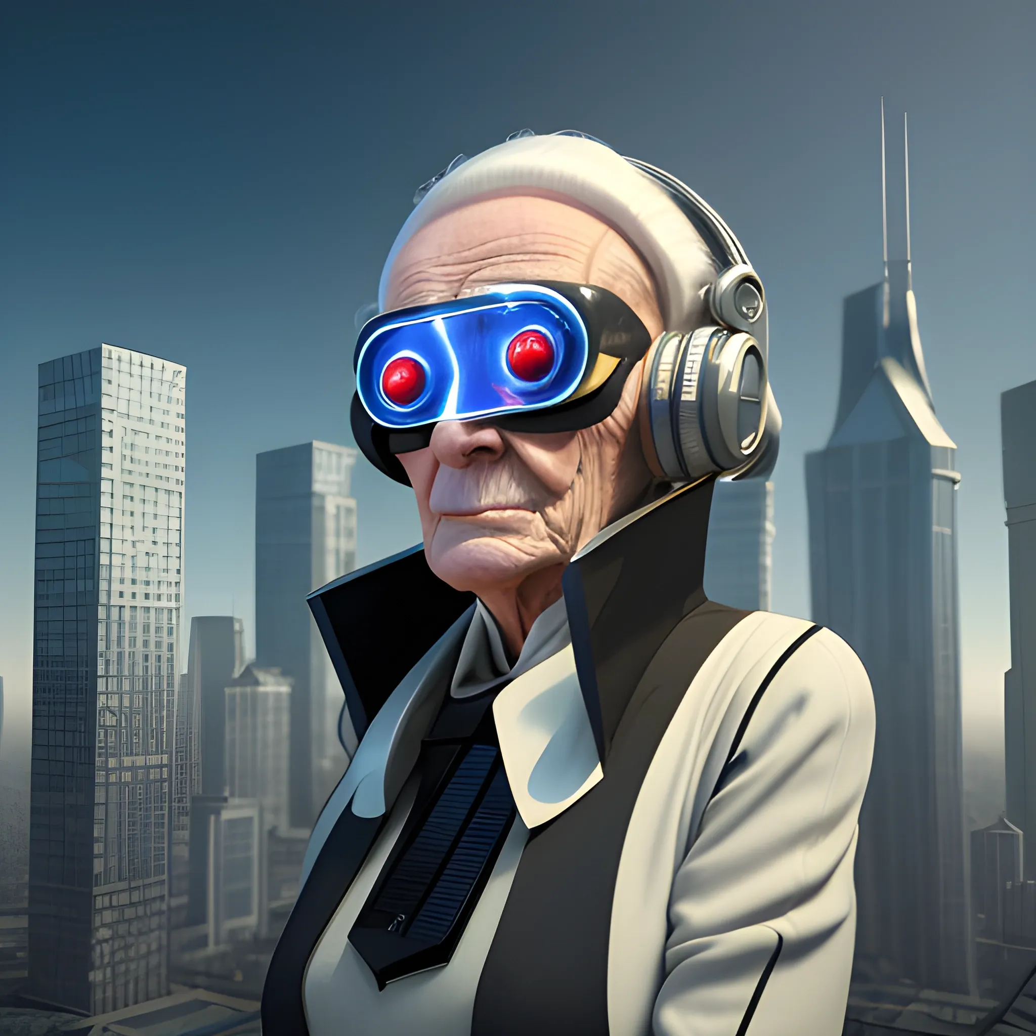 On a futuristic background with tall buildings, flying cars, athletes dressed in futuristic clothing, he creates an elderly person dressed in 1920s clothing listening to music with a radio cassette on his shoulders.
, 3D