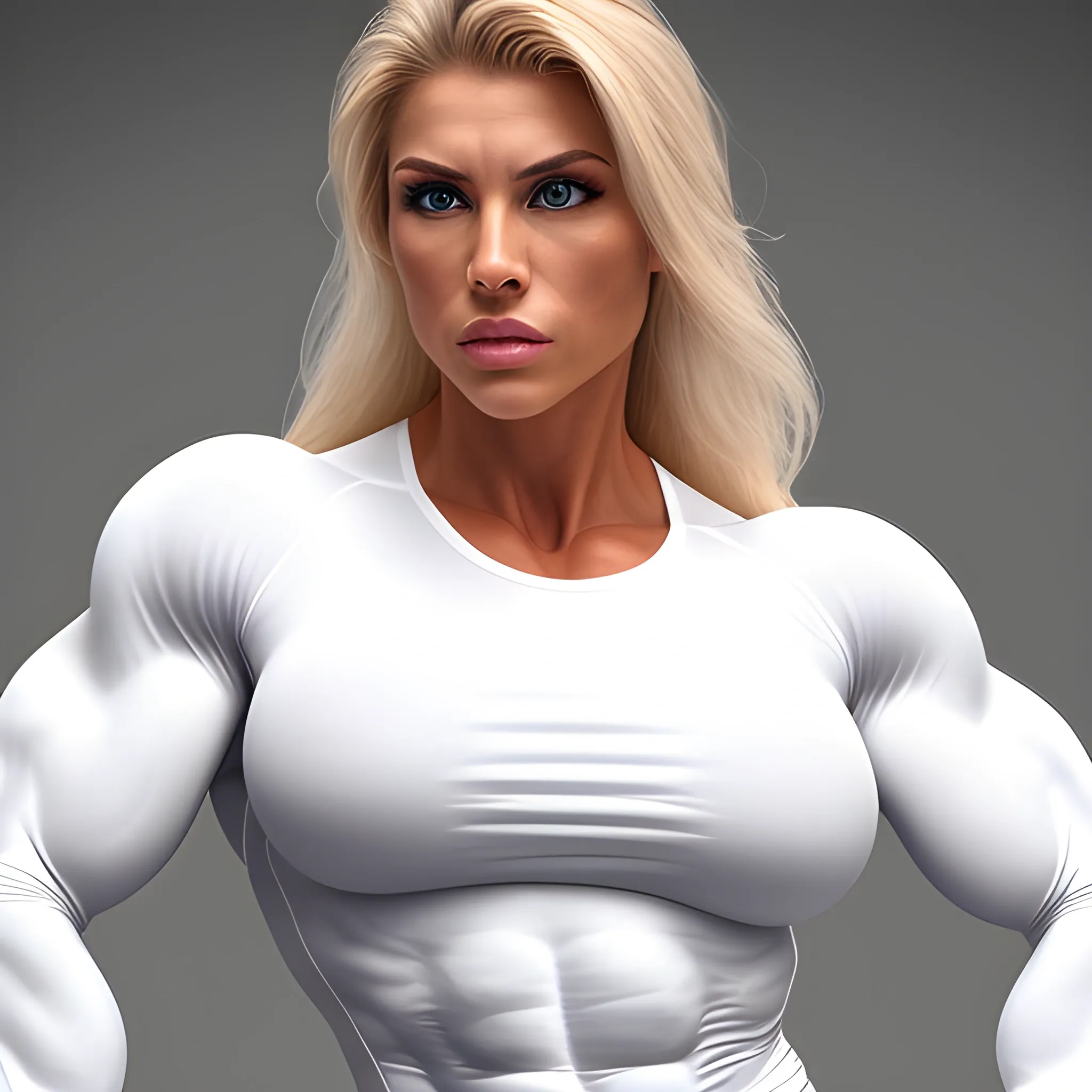 Photorealistic supermodel gorgeous female bodybuilder, wearing tight white long sleeve shirt