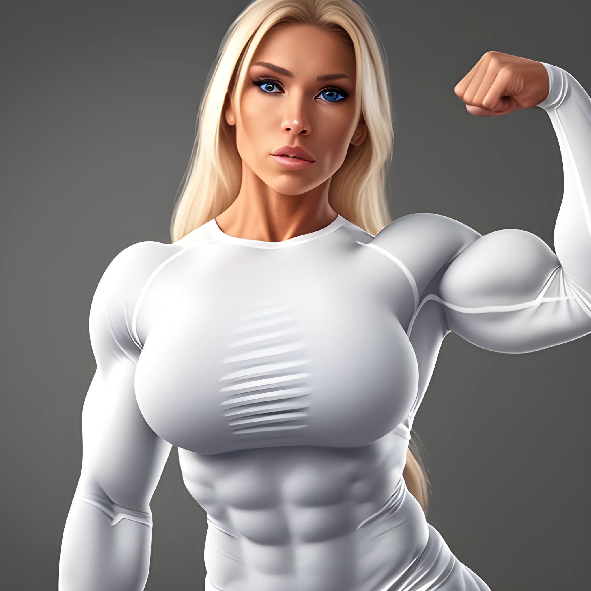 Photorealistic supermodel gorgeous female bodybuilder, wearing tight white long sleeve shirt