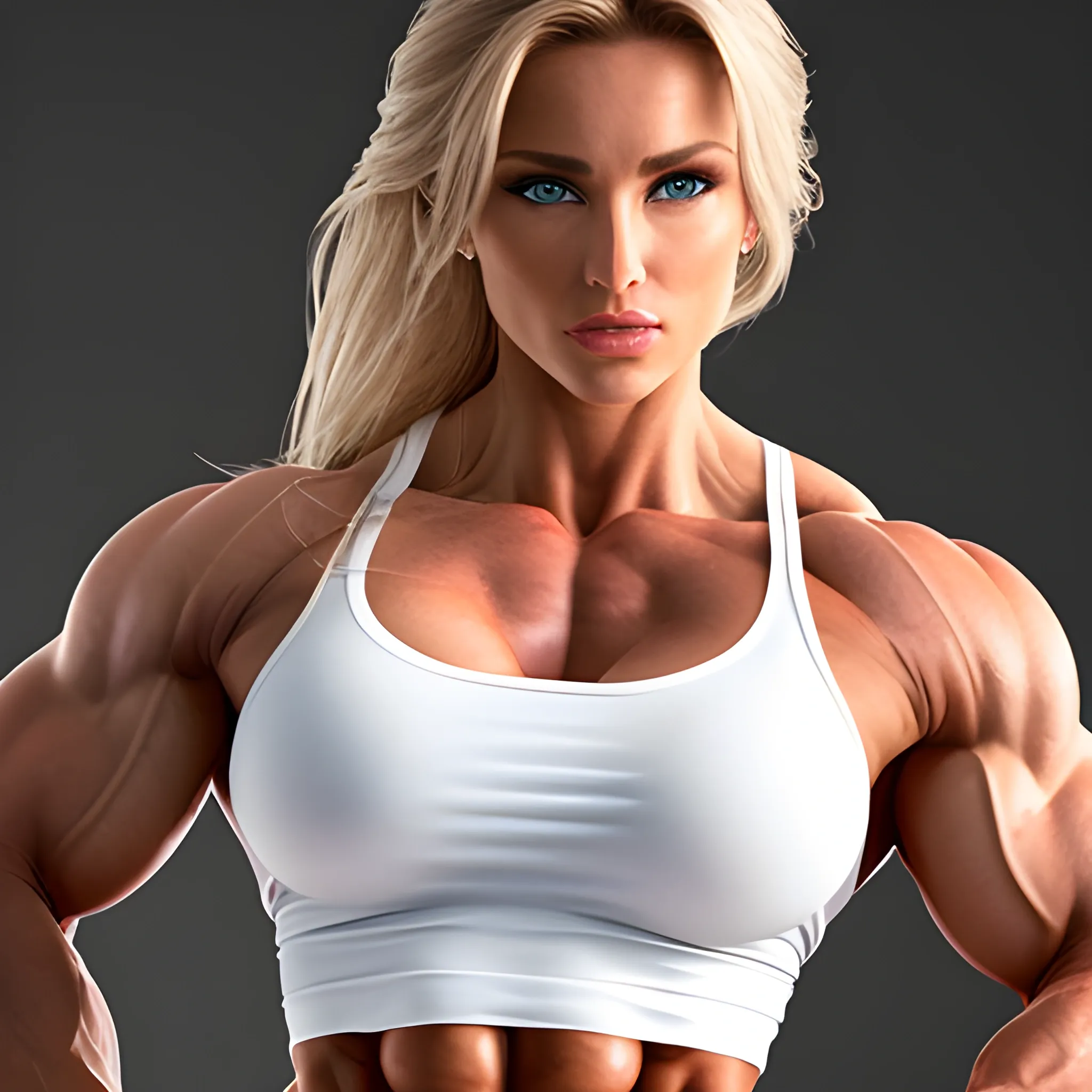 Photorealistic supermodel gorgeous female bodybuilder, (wearing tight white shirt)