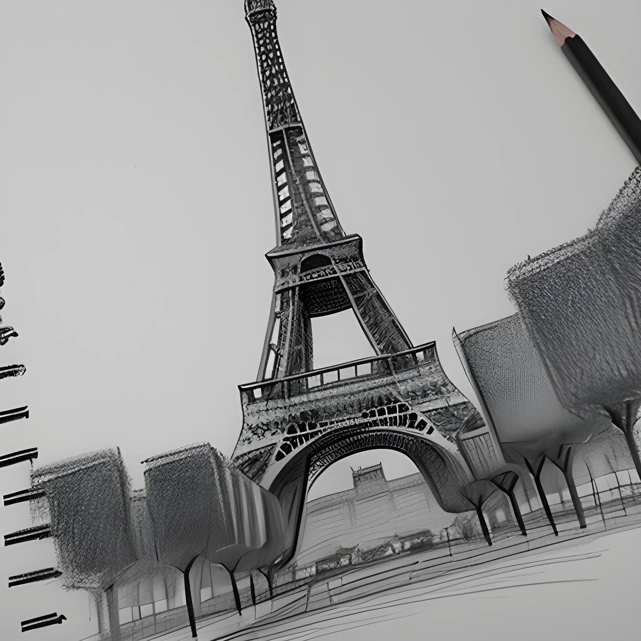 sunrise in Paris with the Eiffel Tower in the background with a lot of detail in the drawing, Pencil Sketch, 3D