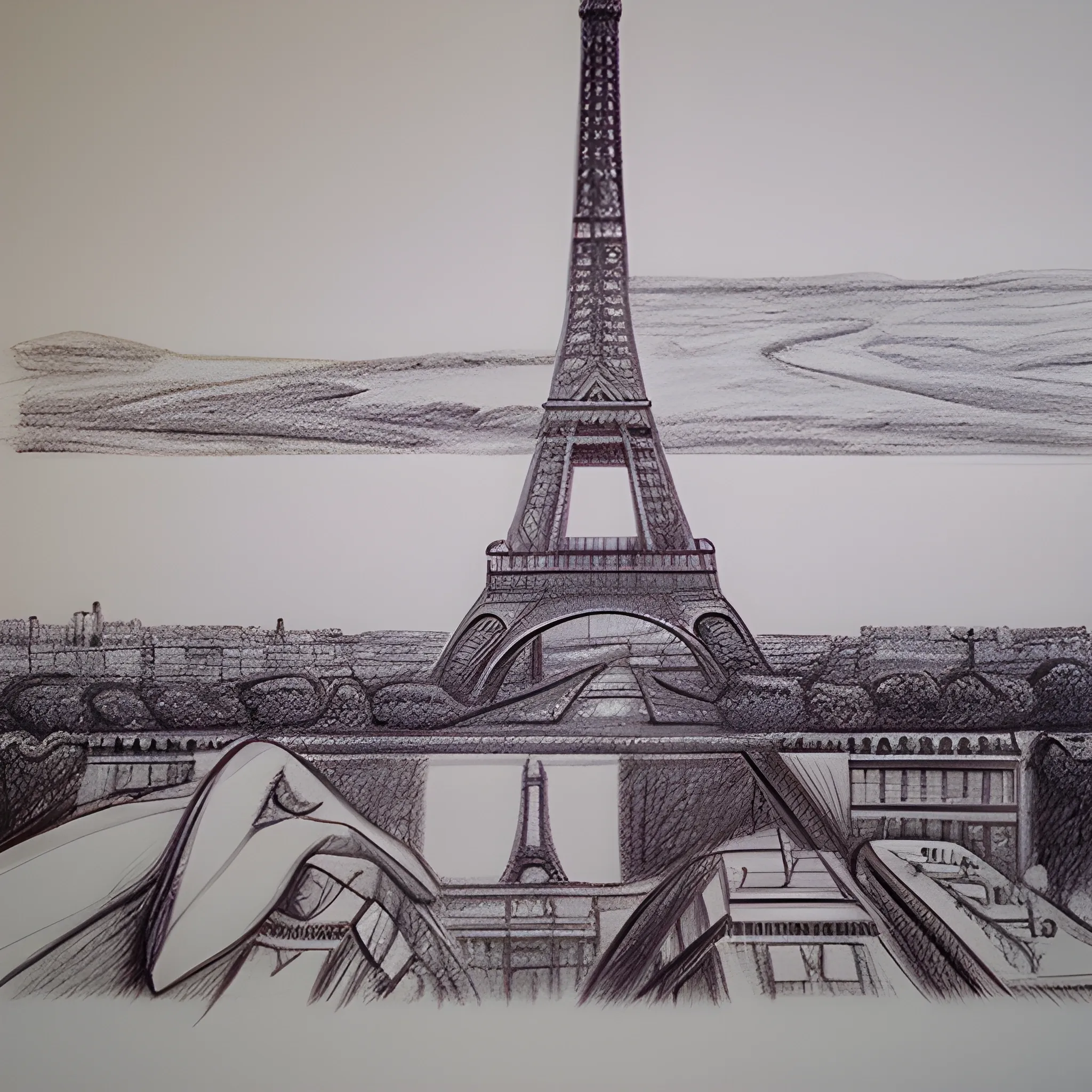 sunrise in Paris with the Eiffel Tower in the background with a lot of detail in the drawing, Pencil Sketch, 3D, Oil Painting