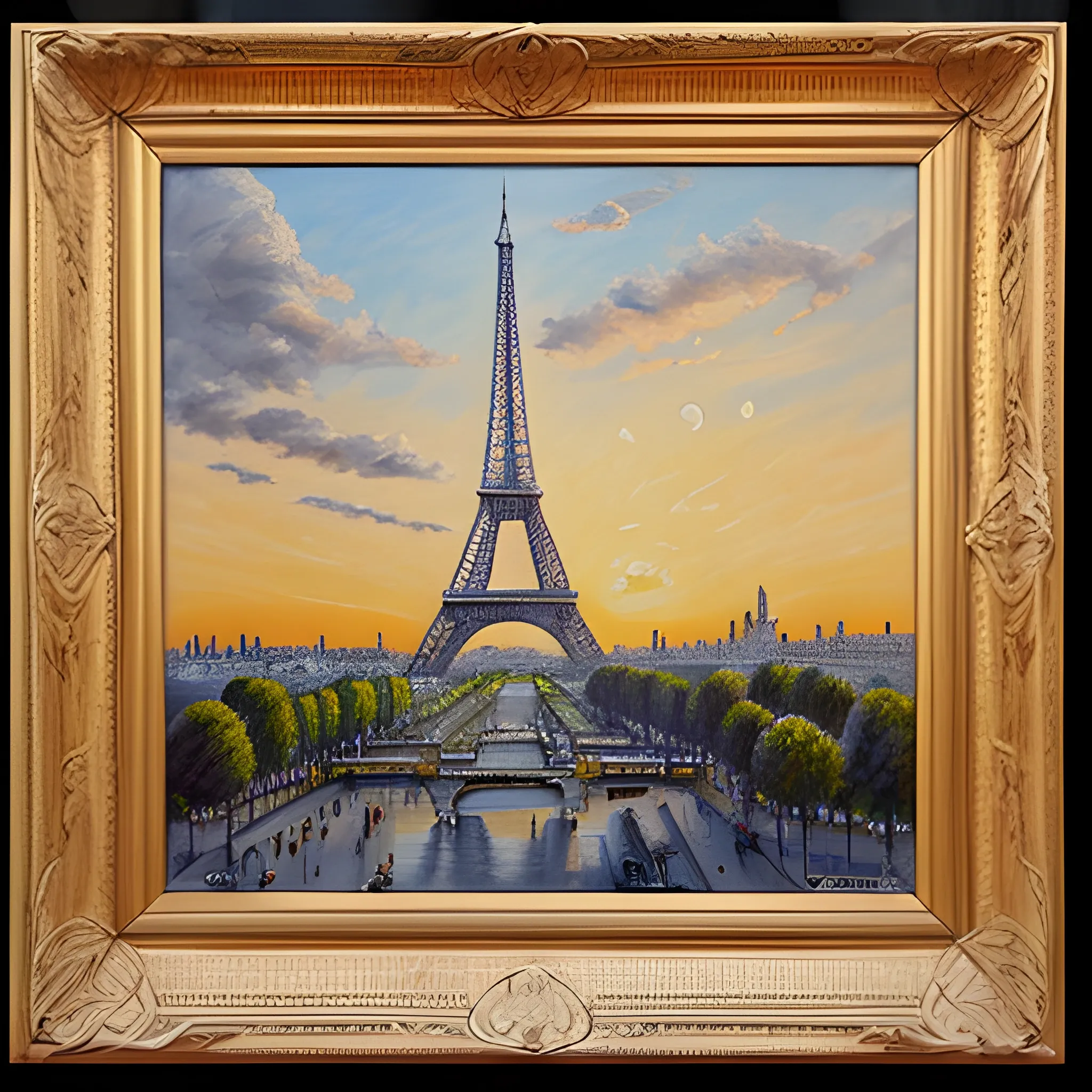 sunrise in Paris with the Eiffel Tower in the background with a lot of detail in the drawing, , Oil Painting