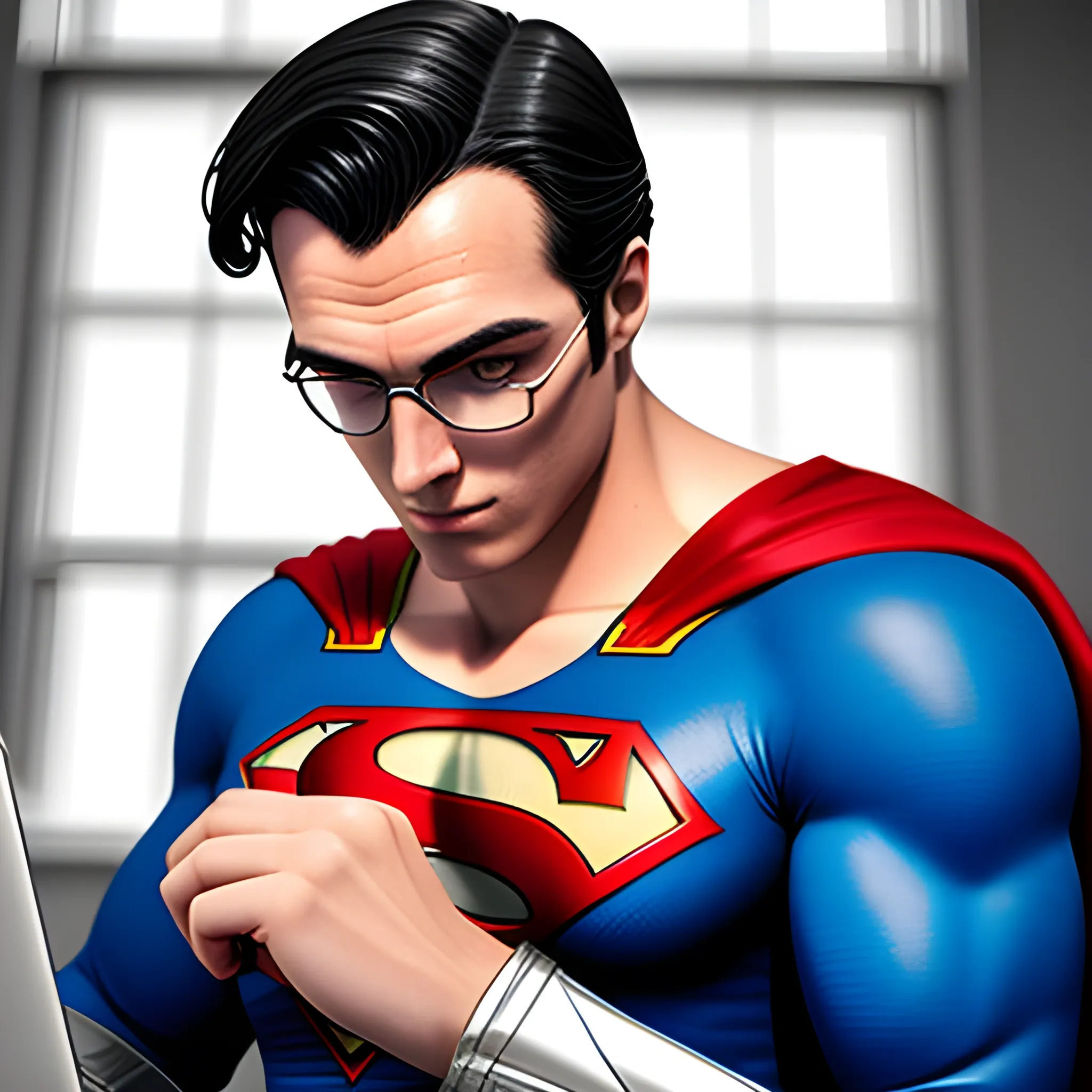 Gentleman at the computer wearing a Superman costume, attractive details, realistic ultra-detailed