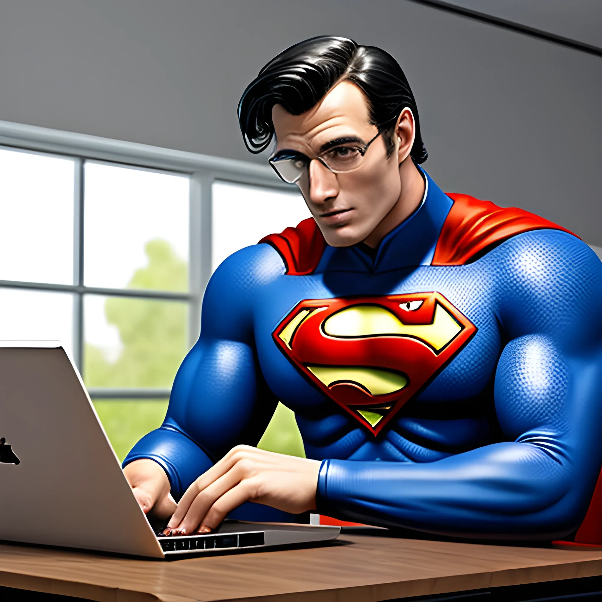 Gentleman sitting at the table, computer on the table, gentleman in Superman costume, attractive details, realistic ultra-detailed