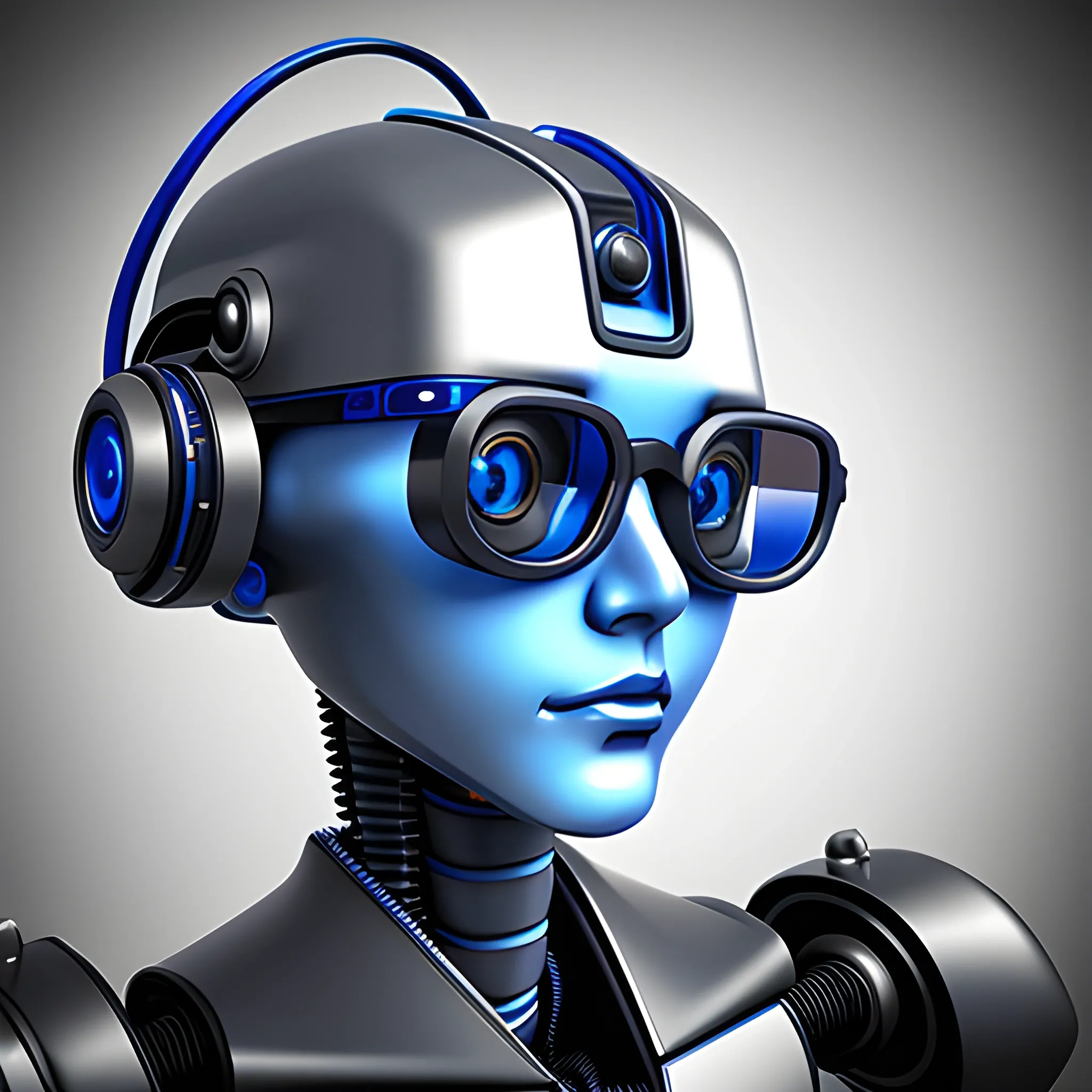 Robot head with blue glasses attractive details, realistic ultra detail