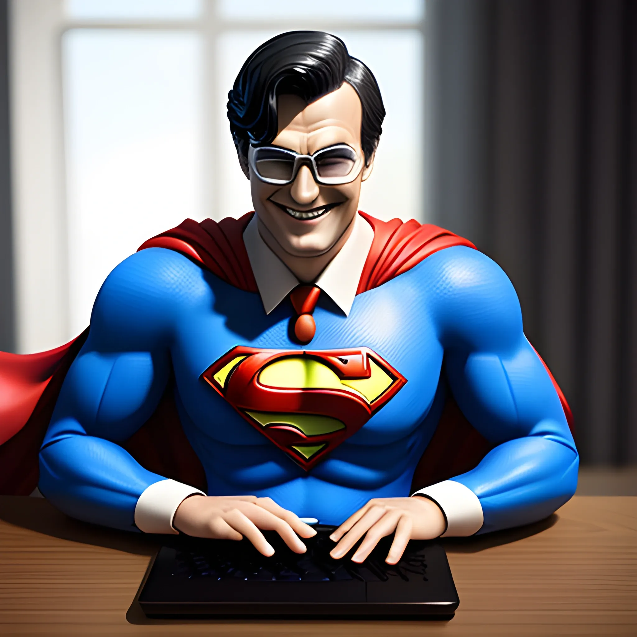 Gentleman sitting at the table, he smiles, computer on the table, gentleman in Superman suit, attractive details, realistic ultra-detailed