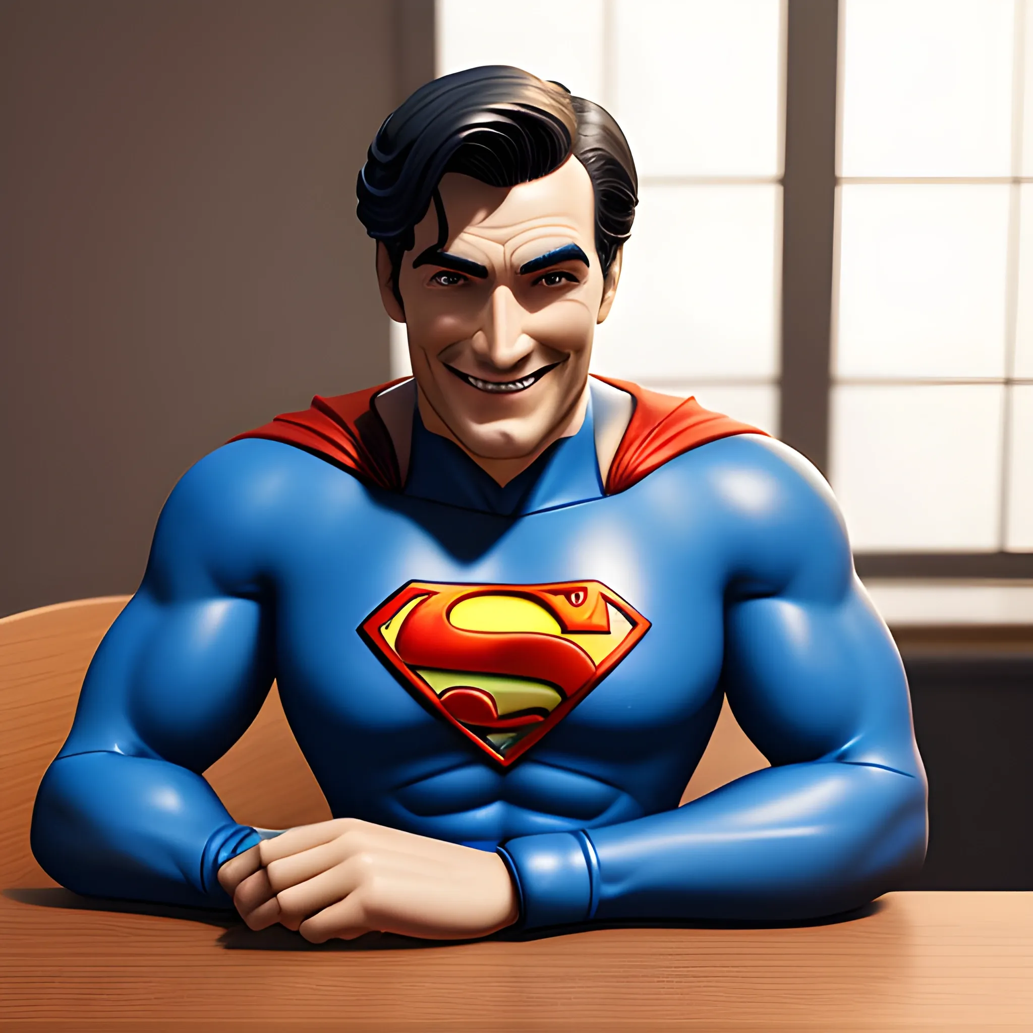 A gentleman sits at a table, he smiles, looks at a computer screen on the table, a gentleman in a Superman suit, attractive details, realistic ultra-detailed