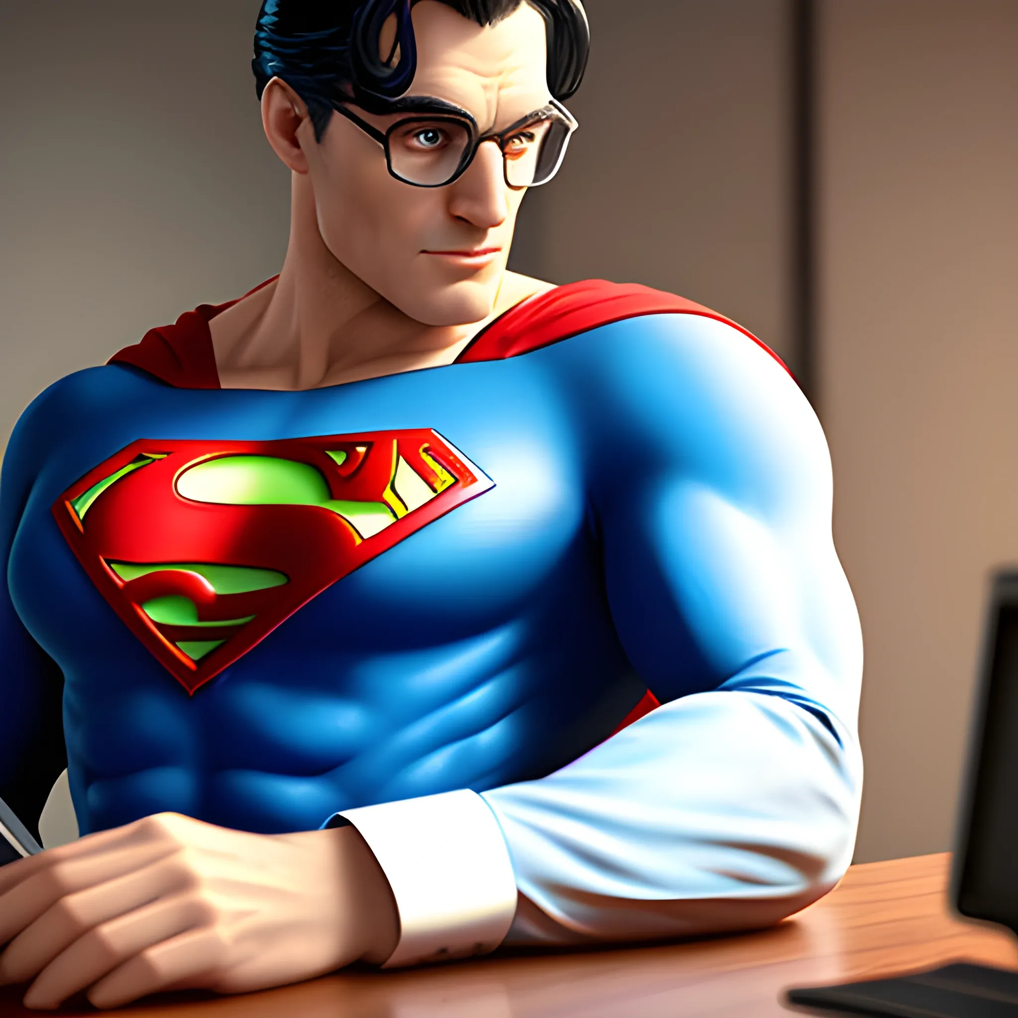 Gentleman sitting at the table, computer on the table, gentleman in Superman costume, attractive details, realistic ultra