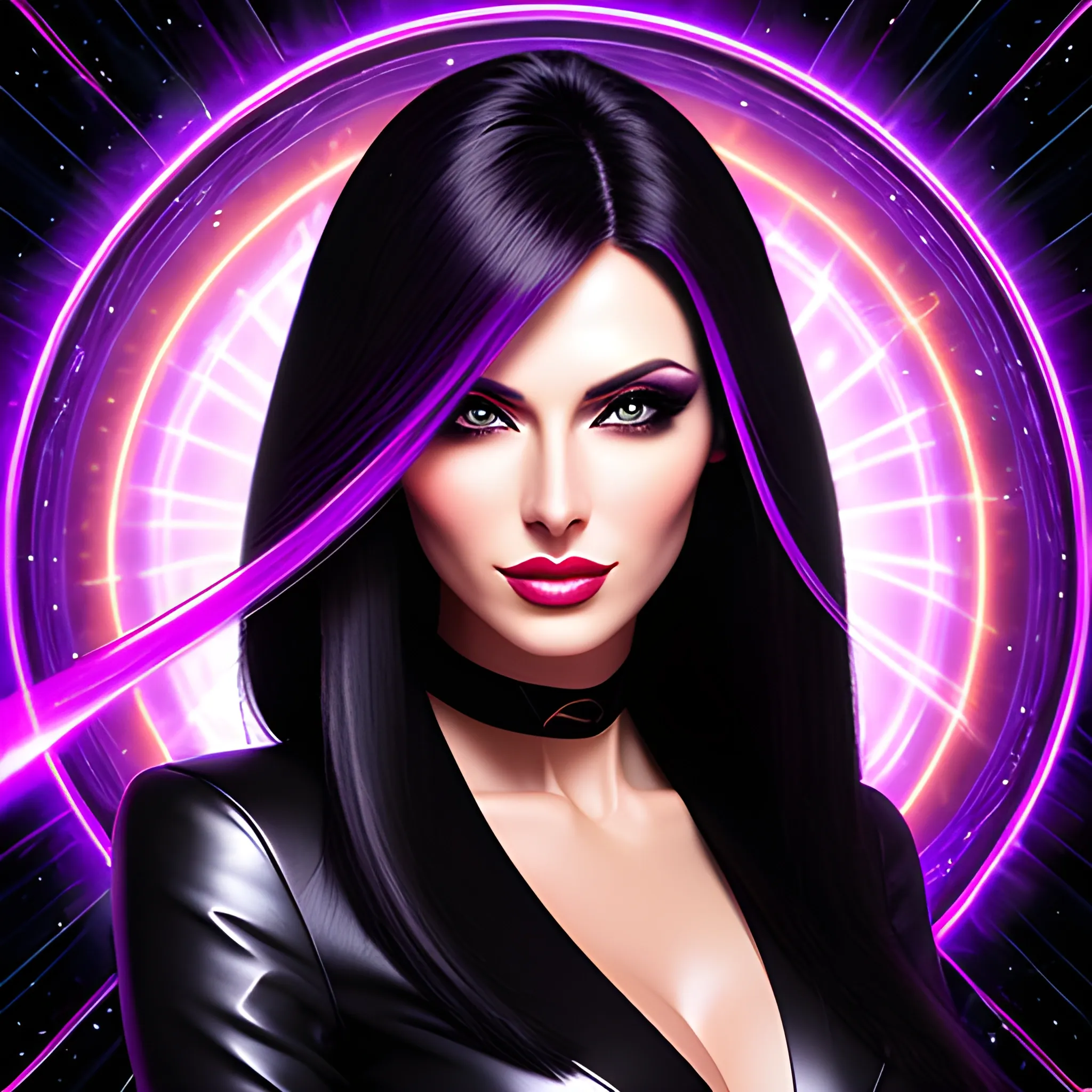 Beautiful girl with side-swept dark straight hair, luxury makeup, luxurious clothing, HD, backdrop, technology, symmetry, revolve, light trail, effect, element, black purple, science, pattern, ray, composition, fractal, bright, background, space, energy, shine, whirl, glow, computer graphics, light, abstract, swirl
