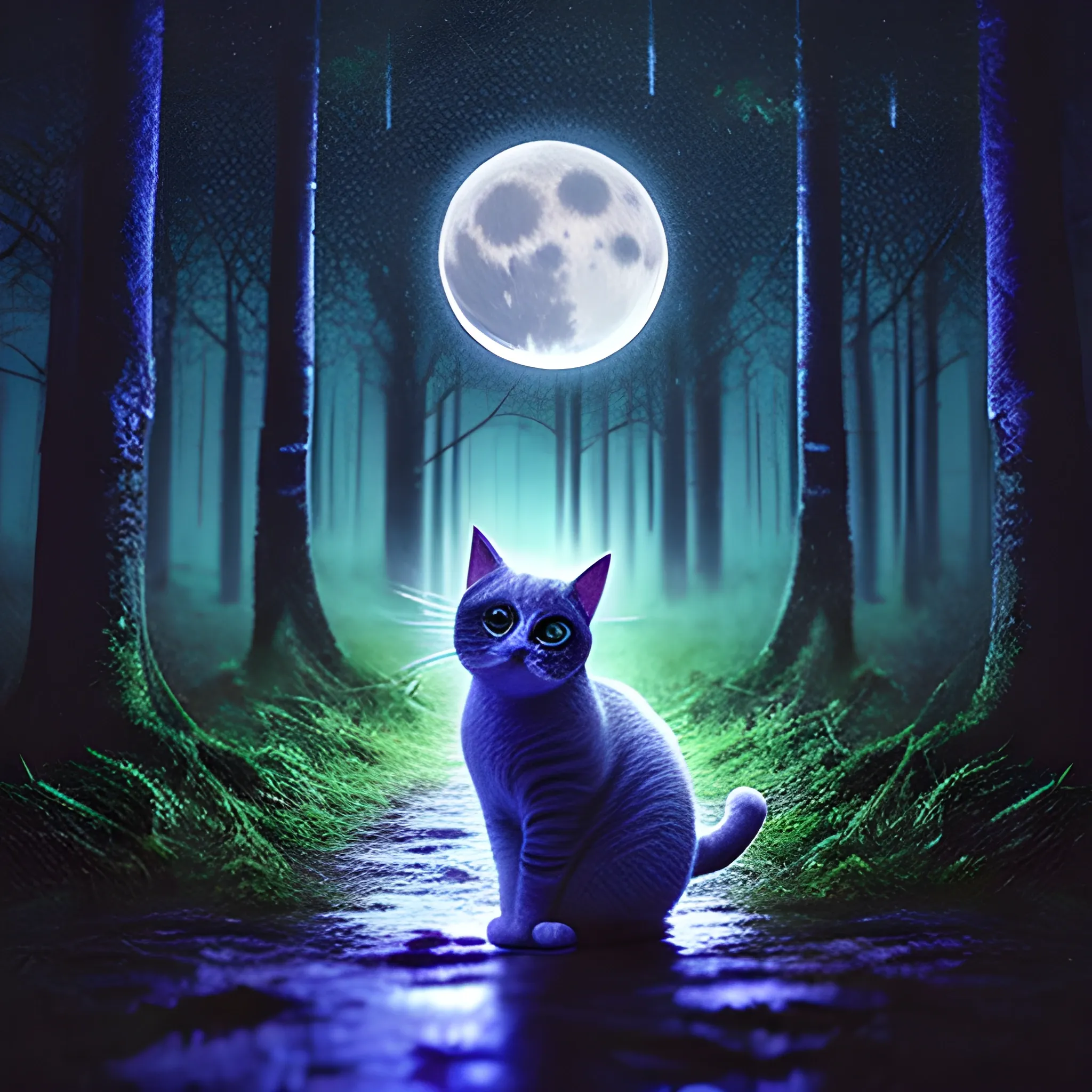 cute cat down moon in forest down rain in at night, Trippy, 3D