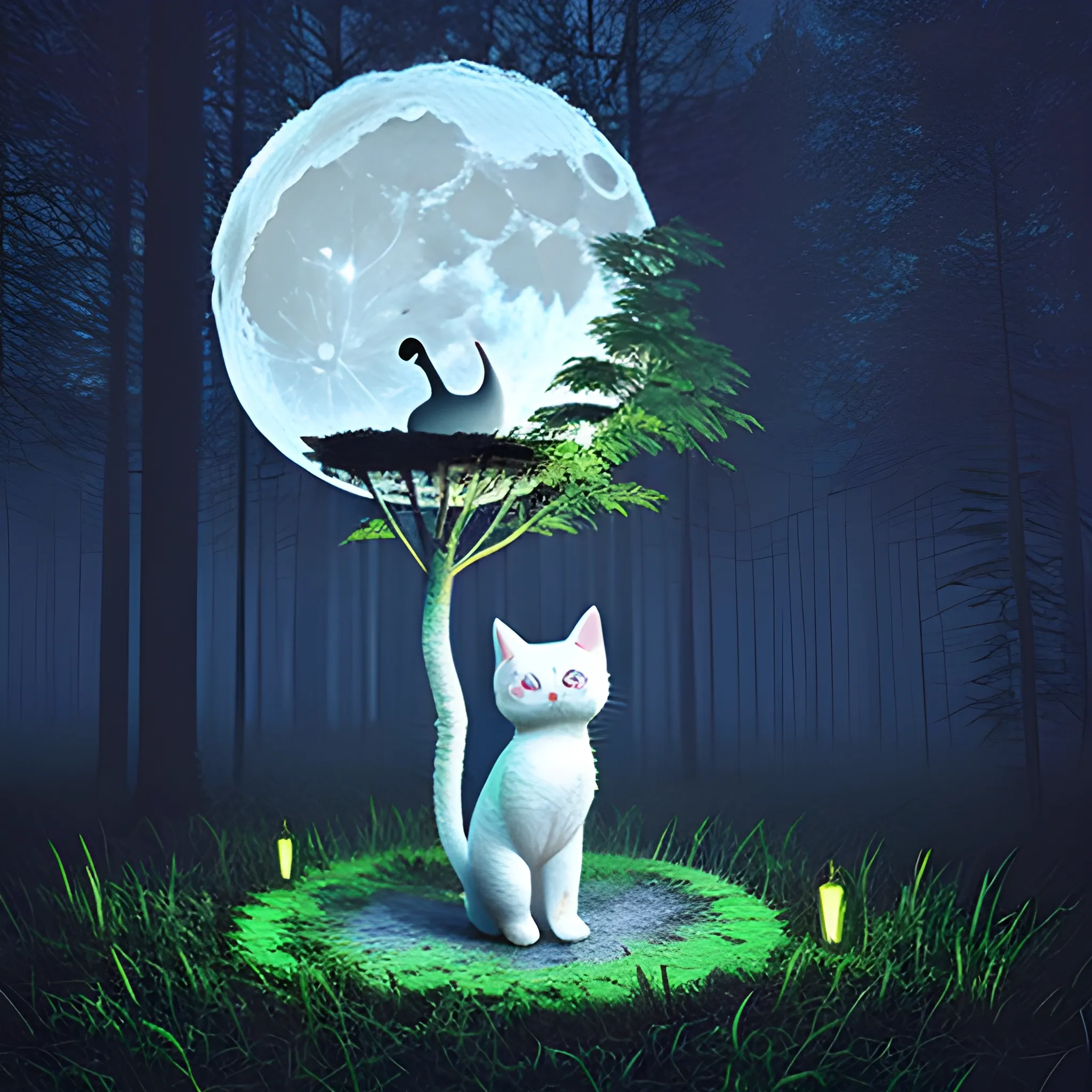 cute cat down moon in forest down rain in at night, Trippy, 3D, 3D